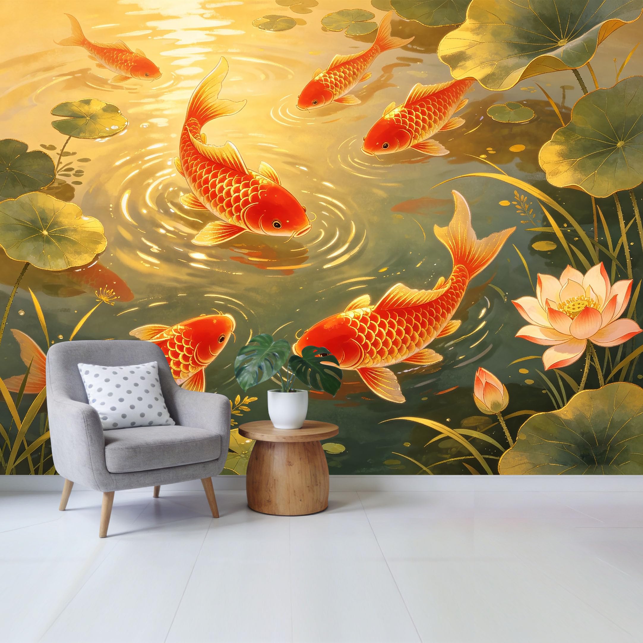 Qzlithotic Yq2605250080 Custom Size Wall Mural Golden Koi Fish Swimming Pond Botanical Watercolor Art Selfadhesive Wall Fabric Removable Wallpaper For Home Office Decor
