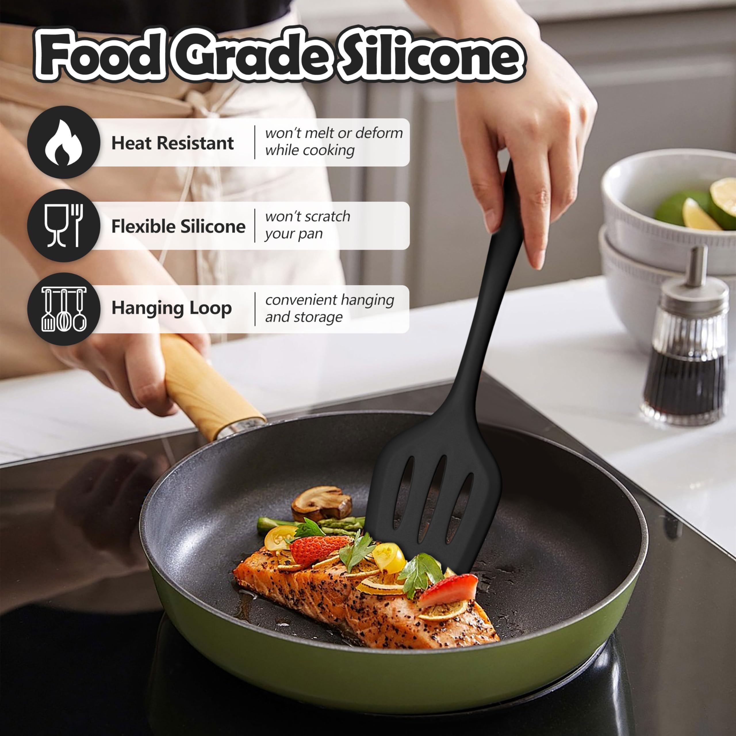 LIANYU Juego de 14 utensilios de cocina con soporte, utensilios de cocina de silicona resistentes al calor, incluye espátula, cuchara, batidor, pinzas, aptos para lavavajillas, color negro
