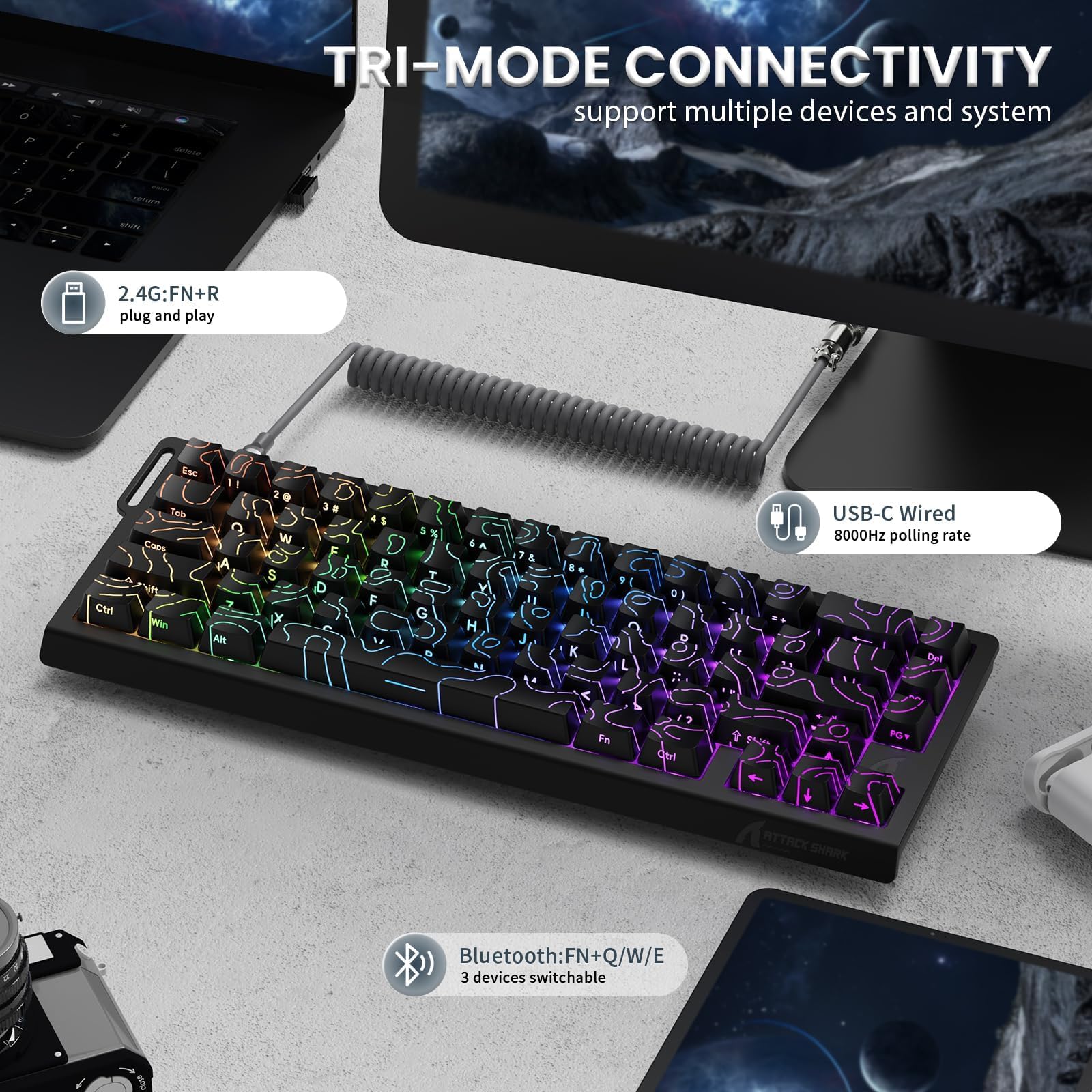 ATTACK SHARK X68PRO HE Clavier Gaming à Déclenchement Rapide sans Fil, Précision RT de 0,01 mm, Clavier Filaire à Effet Hall, 8000Hz, Actionnement Réglable, Snap Tap, RGB, C01 Câble – Noir