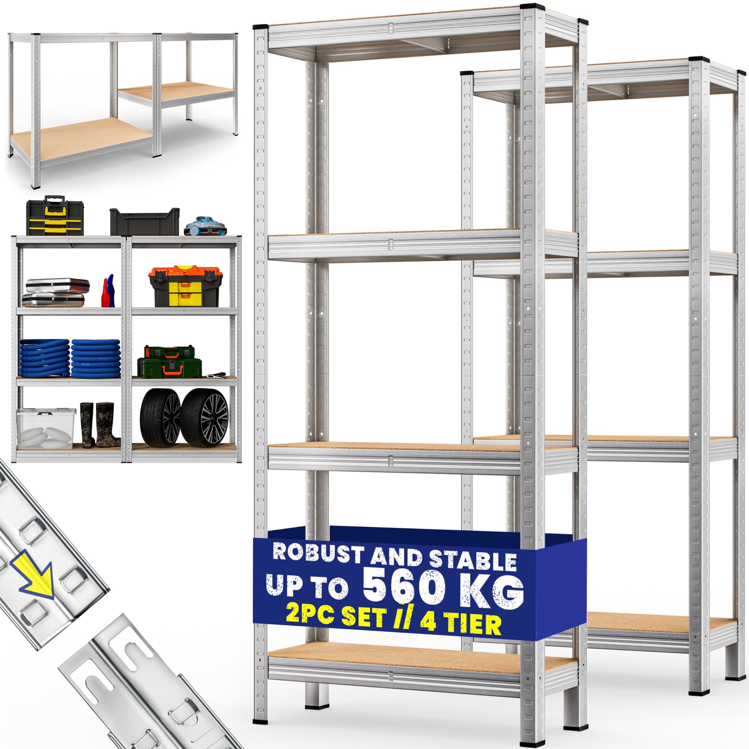 Monzana® 2x 4 Tier Heavy Duty Garage Shelving Unit Shed Racking Galvanised Steel Metal Shelving Units Storage Shelves Warehouse Shed Rack Workshop Shelf Unit Garage Storage 170x75x30cm Silver — image 1