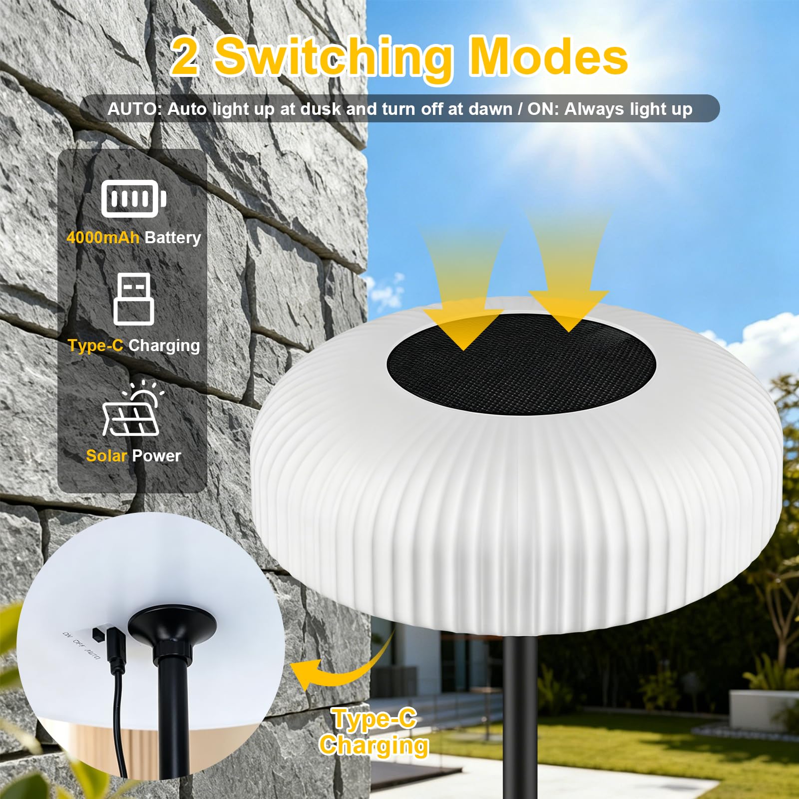 Lámpara Solar de Pie 150cm USB-C recargable, control por gestos, 10 brillos y 2 temperaturas (cálido/frío) IP65 resistente al agua – Jardín, terraza, camino