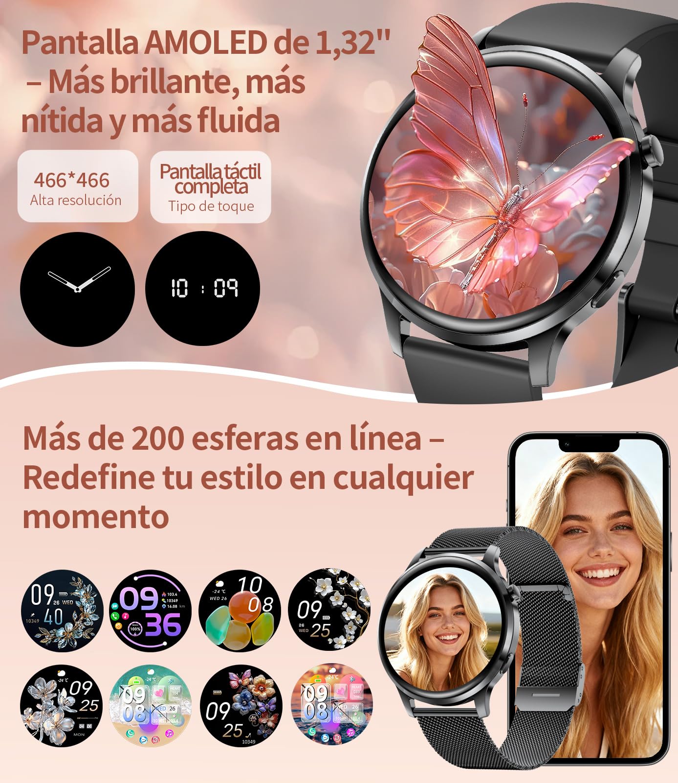 LIGE Reloj Inteligente para Mujer 7,9mm Ultrafino 1,32" AMOLED Llamada Telefónica para Android iOS Elegante Smartwatch Multideporte,Monitor de Fitness/Cardíaco/Sueño,Podómetro,Calorías,Gris Oscuro
