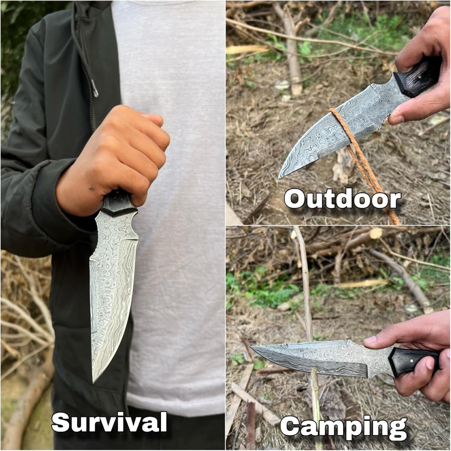 Handmade Damascus Steel Hunting Skinning Knife with Leather Sheath | 10.5'' Hand Forged Full Tang Fixed Blade Damascus Bowie Knives For Men and Women | EDC Razor Sharp Blade Bushcraft Camping Survival Knifes with Belt loop for Vertical and Horizontal Carry Black Wood 6062