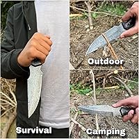 Vista 3 de Cuchillo de caza hecho a mano de acero de Damasco con funda de cuero, cuchillos Bowie de Damasco de hoja fija forjados a mano de 10.5 pulgadas