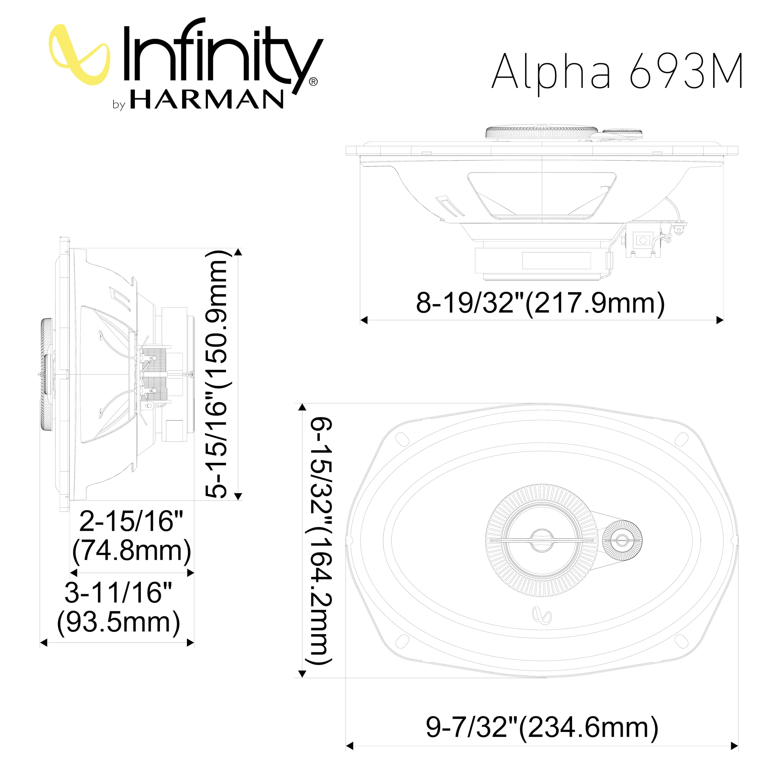 Infinity Alpha 693M 3-Wege Koaxial Lautsprecher Auto 152x22cm, 6x9 Zoll, von Harman Kardon Car HiFi mit 65W RMS und 195W Peak, satter Bass Boxen Set - Paarweise