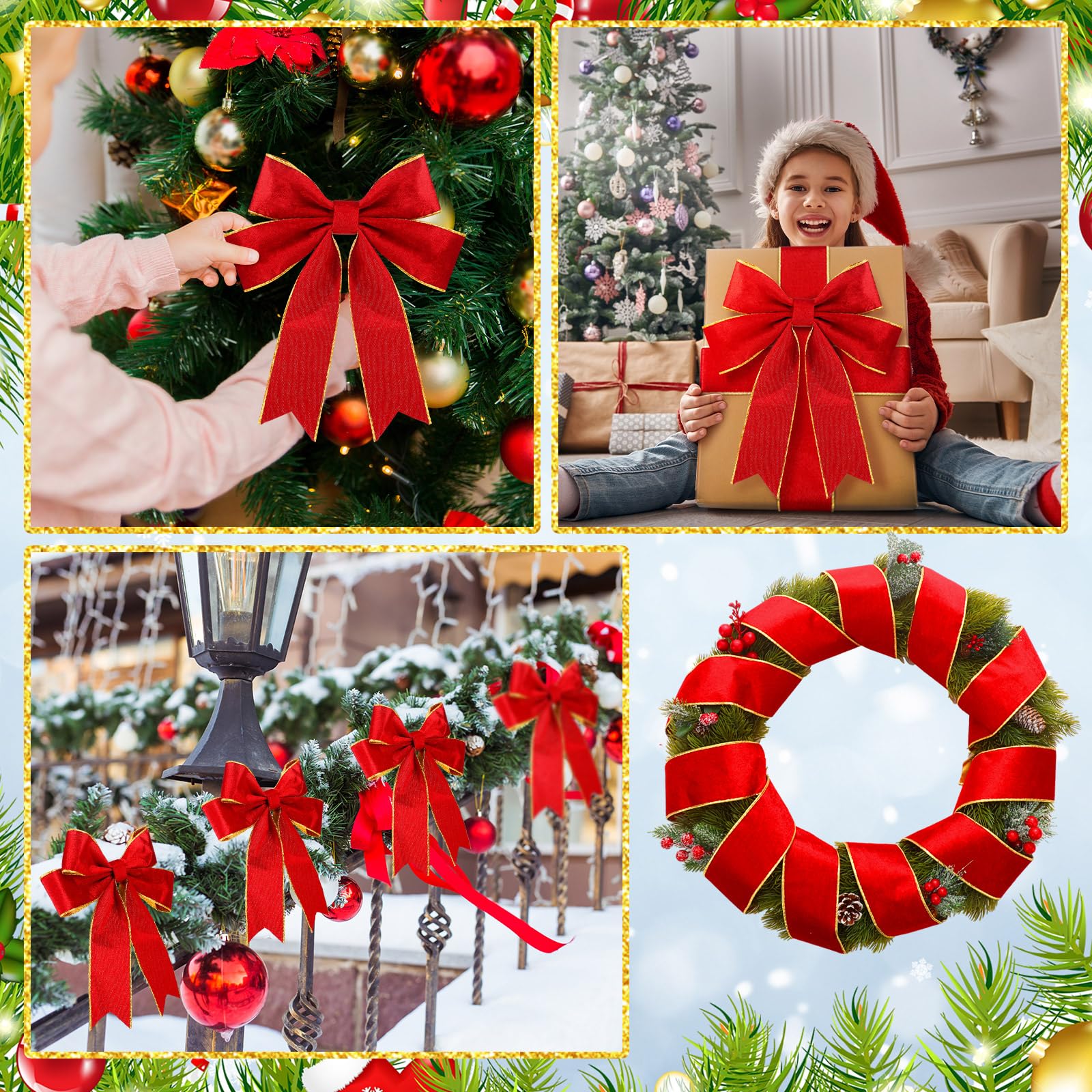 Yinder Weihnachts-Samtband, 6,3 cm, verdrahtet, goldene Kanten, doppelseitiges Band für Weihnachtsschleife, Urlaub, Geschenkverpackungen (91,4 m, Rot, Gold)