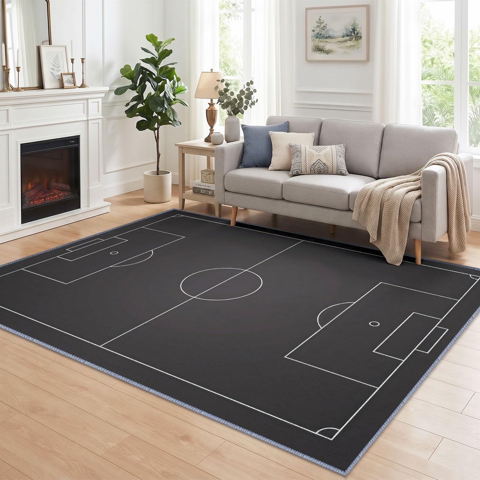 Geometric Grid Rugs Living Room 200 x 300 cm, Soft Non Slip Washable Football Pitch Sports Ground Area Rug for Bedroom, Low Pile Floor Carpet Mat for Kids Room Kitchen Dining Room Office Home Decor