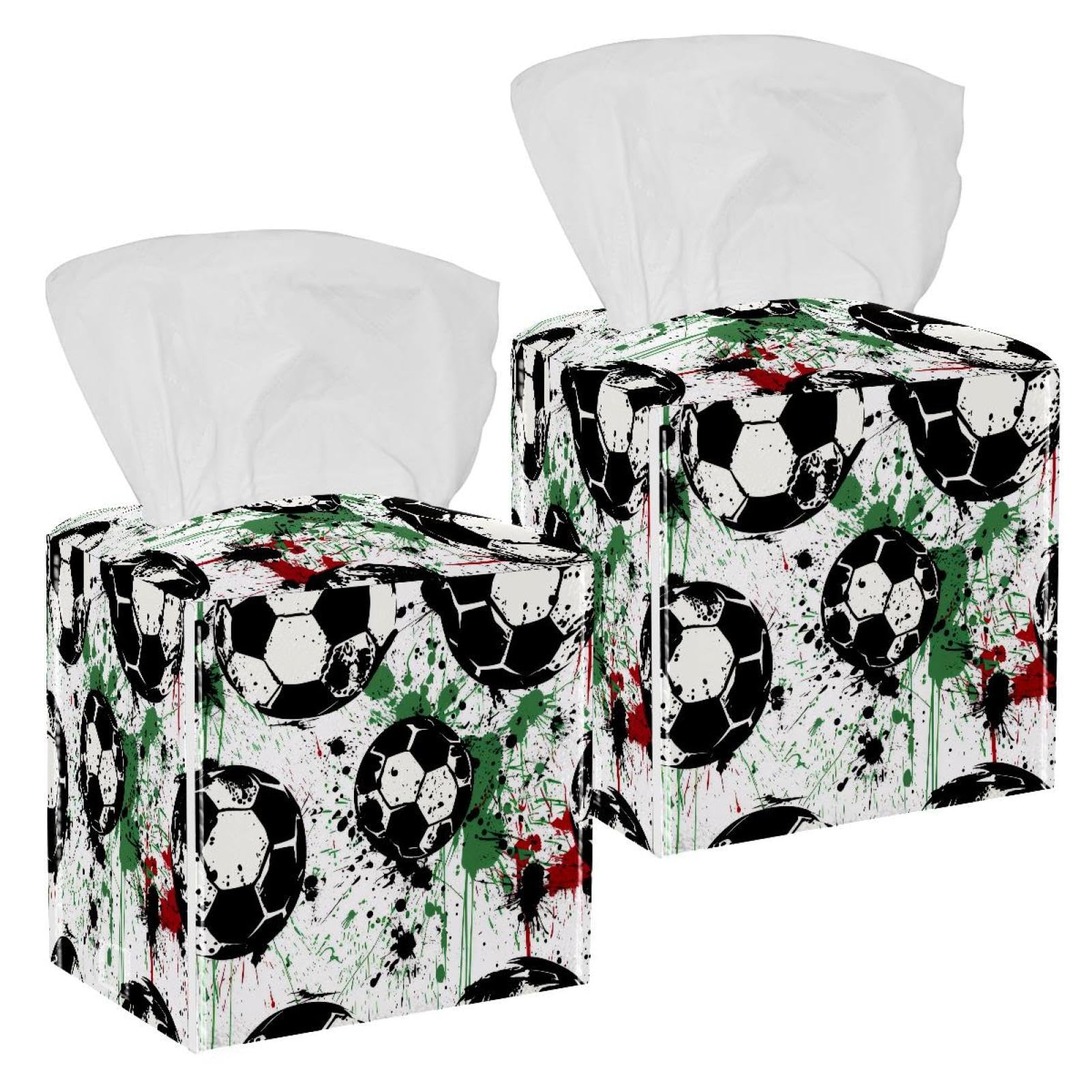 Watercolor Football Tissue Box Cover, 2 Pack PU Leather Square Facial Tissue Dispenser Box holder for Home Office Car