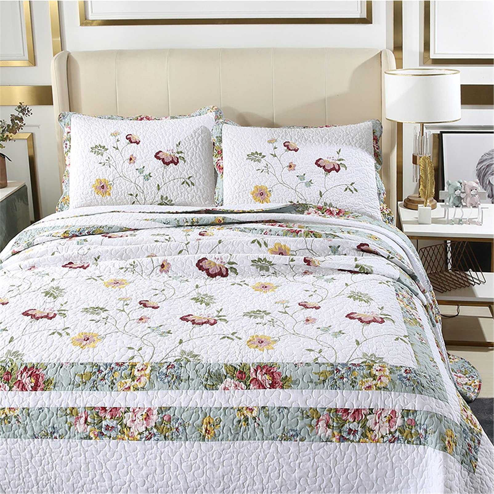 Juego de colcha acolchada, color blanco, 3 piezas, cobertores de retazos reversibles con volantes verdes, edredón extragrande de algodón suave con 2 fundas de almohada, 229 * 229 cm little surprise