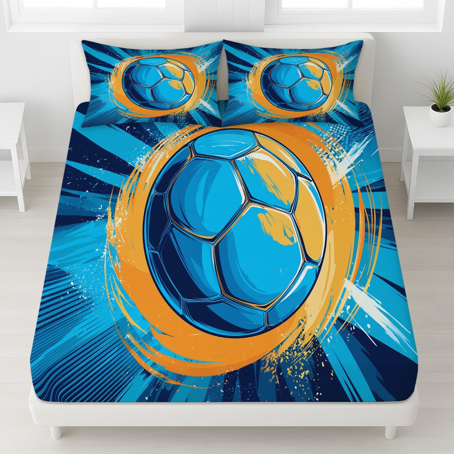 Dynamisch Fußball Spannbetttuch Leidenschaftlich Sport Spannbettlaken 200 x 200 x 30 cm 3teilig Mikrofaser Bettwäsche Set mit 2 Kissenbezüge 80 x 80 cm Kein Flachbettlaken