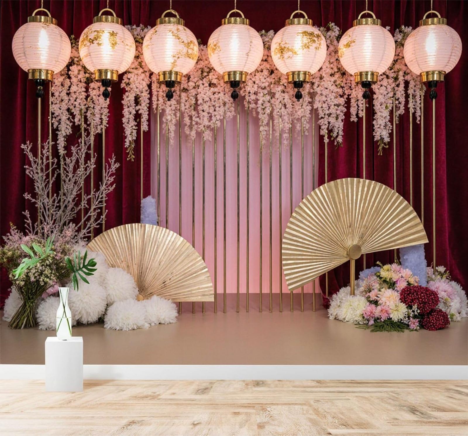 XLMING Creative Beautiful Cherry Blossoms Gold Fan Lantern 3D Wallpaper Silky Texture Home Study Office Grey Dining Room Sofa Bedroom Living Room TV Backdrop-300cm×210cm