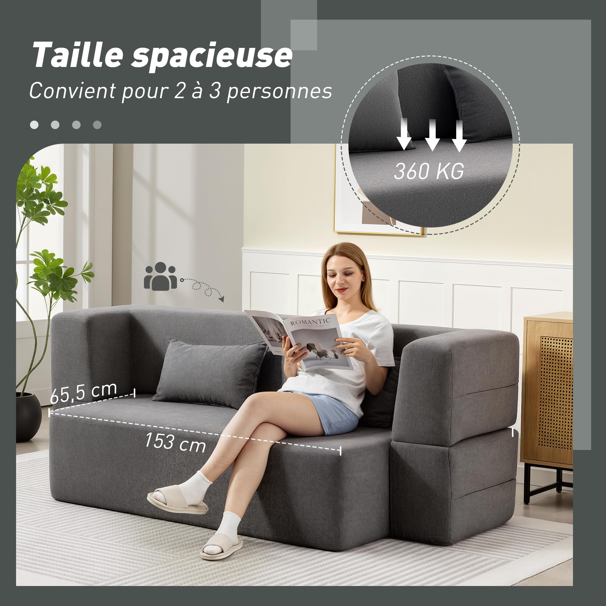 HOMCOM Canapé Convertible 2 Places Canapé-Lit Chenille 203 cm 360kg Gris | Assise et Accoudoirs Larges, 2 Coussins, Entièrement Compressé, pour Salon, Petit Espace, Aucun Assemblage Requis