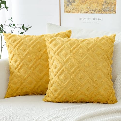 Miniatura 3 de OTOSTAR Paquete de 2 fundas de cojín decorativas de terciopelo de lana suave y corta con patrón de bucle cuadrado 3D, estilo de lujo, fundas de