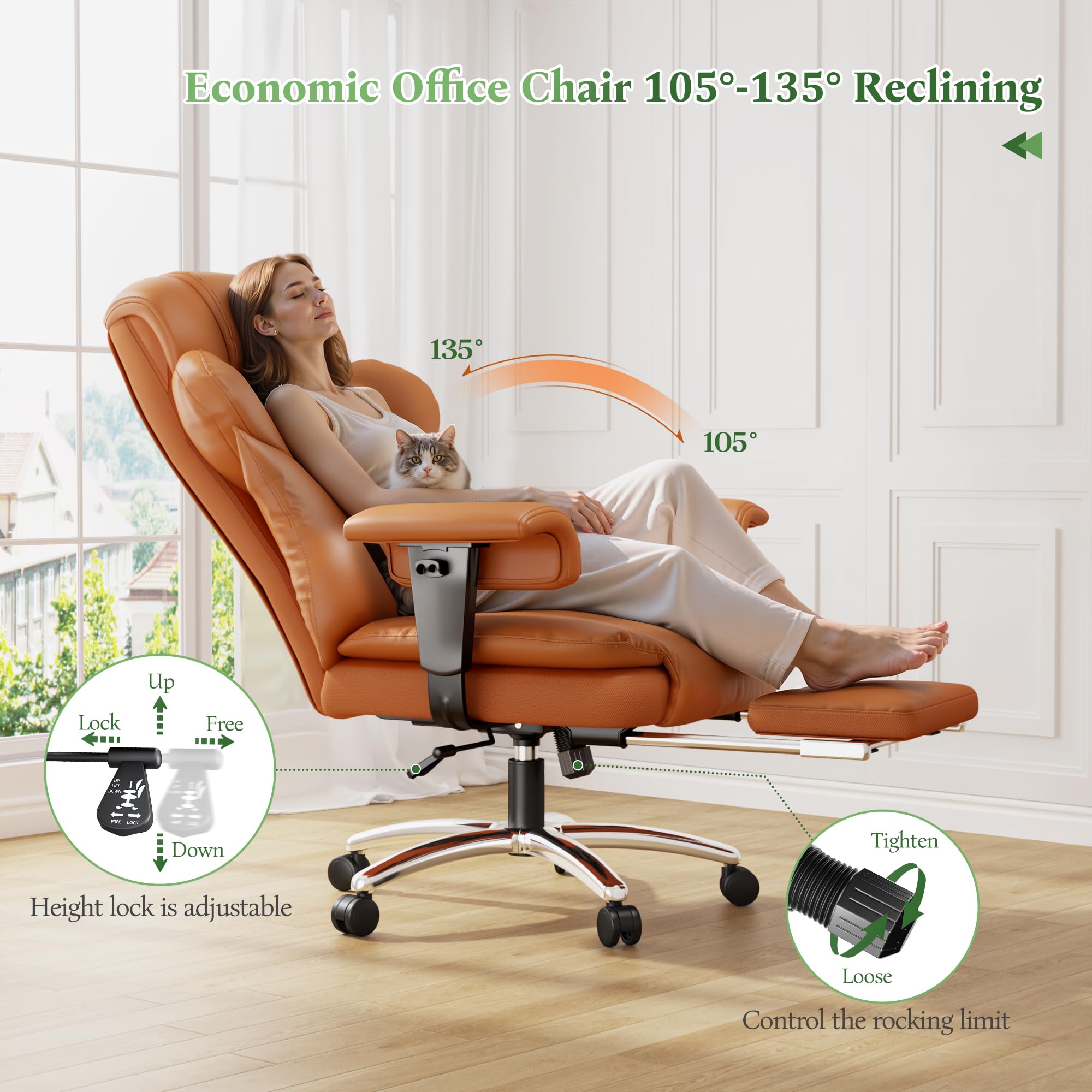 Office Chair with High Back,28.7" Deep Seat,Big and Tall Executive Leather Office Chair with Foot Rest & Arms,Wide Reclining Desk Chair Ergonomic with Lumbar Support for Home Office,Brown