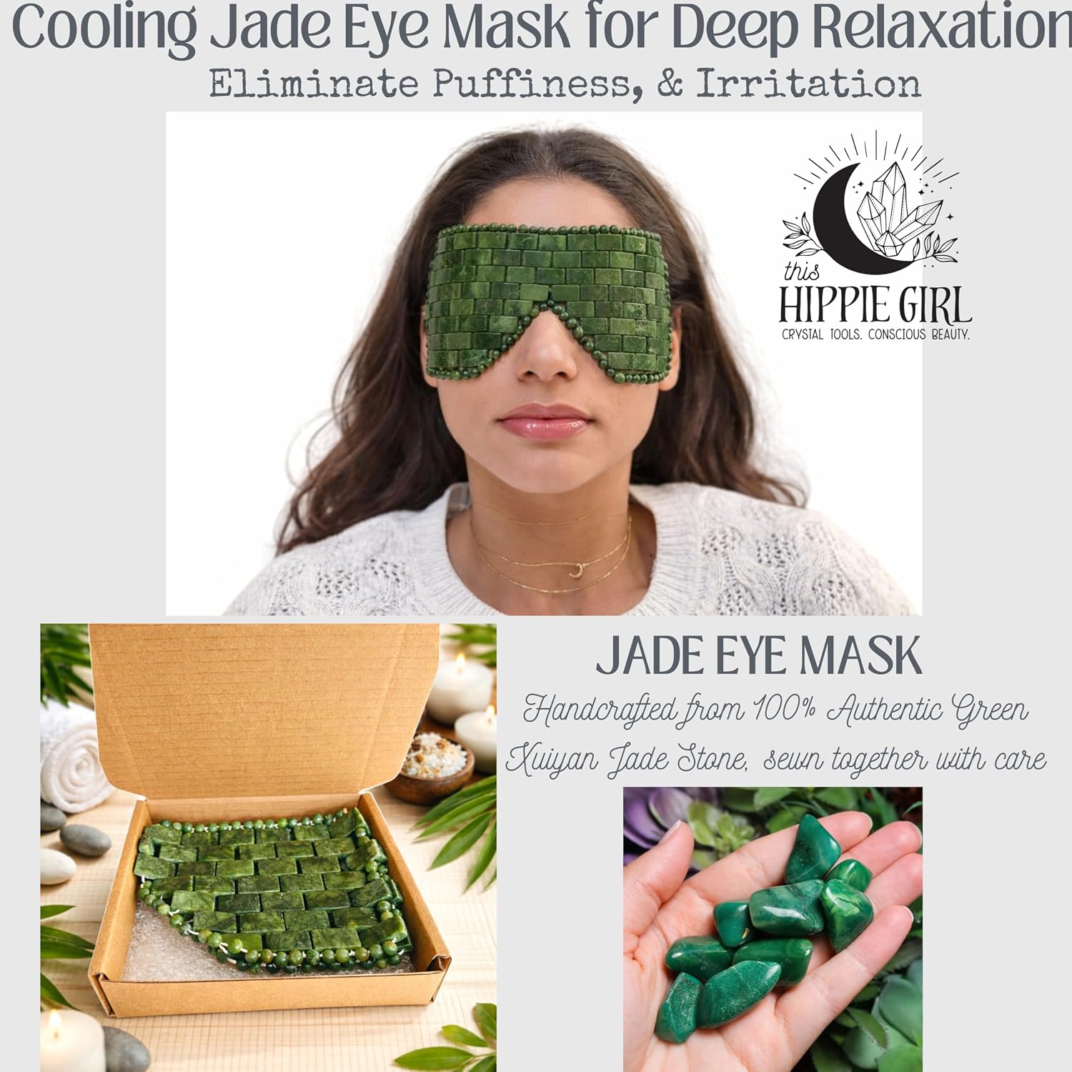 This Hippie Girl Jade Eye Mask for Puffy Eyes – Premium Natural Xuiyan Jade, Cooling Stone Spa Mask for Facial Relaxation & Radiant Skin, Self-Care & Anti-Aging