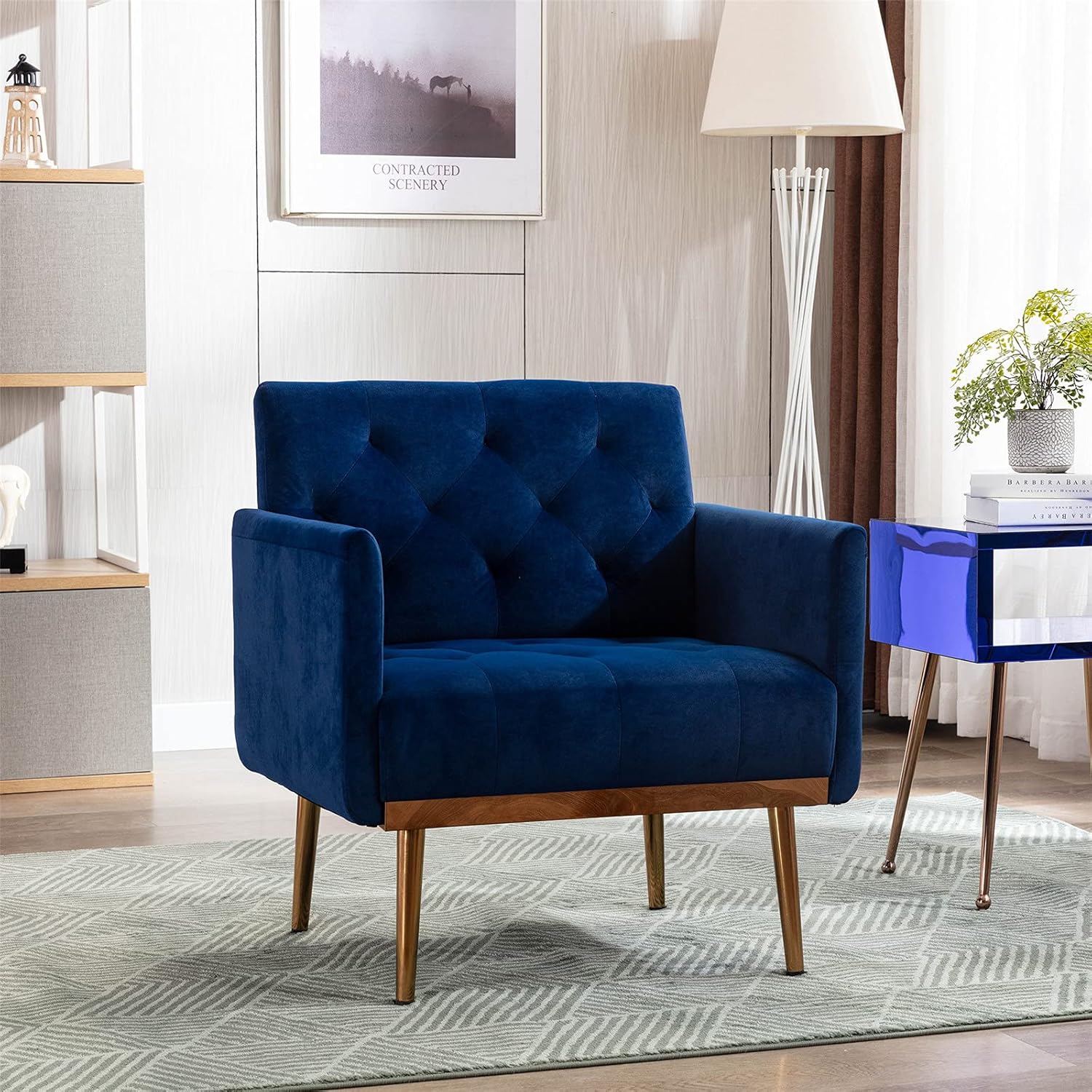 Modern Velvet Accent Chair, Living Room, Bedroom Leisure Single Sofa Chair (with Gold Metal feet), TV armrest seat, Suitable for Small Space Home, Office, Coffee Chair (Blue)