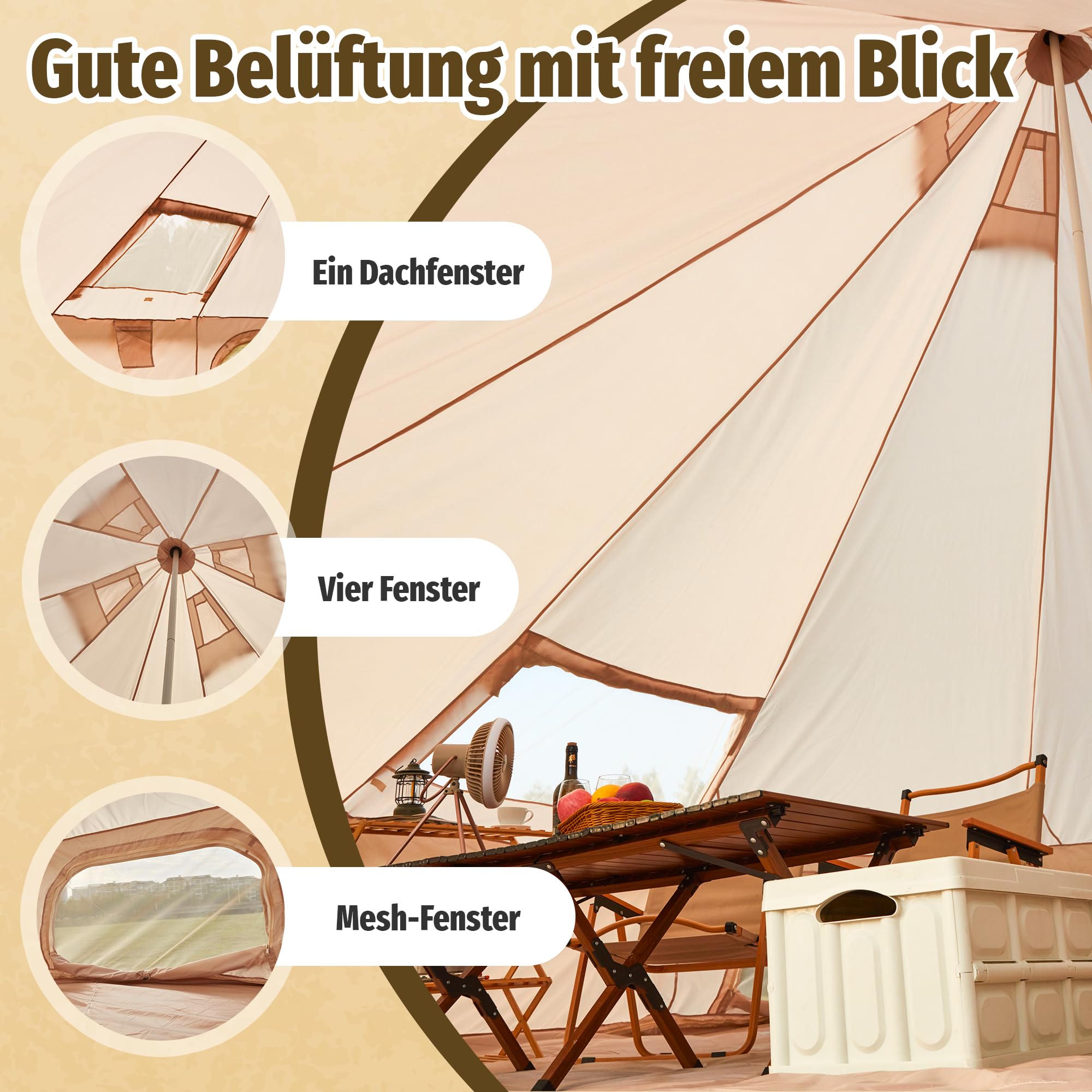 3 m / 4 m / 5 m Glockenzelt,4-Jahreszeiten Glamping Jurte für Camping, mit Ofendurchführung, Aufbewahrungstaschen, Dachfenster, Dachlüftungen, Netzfenstern