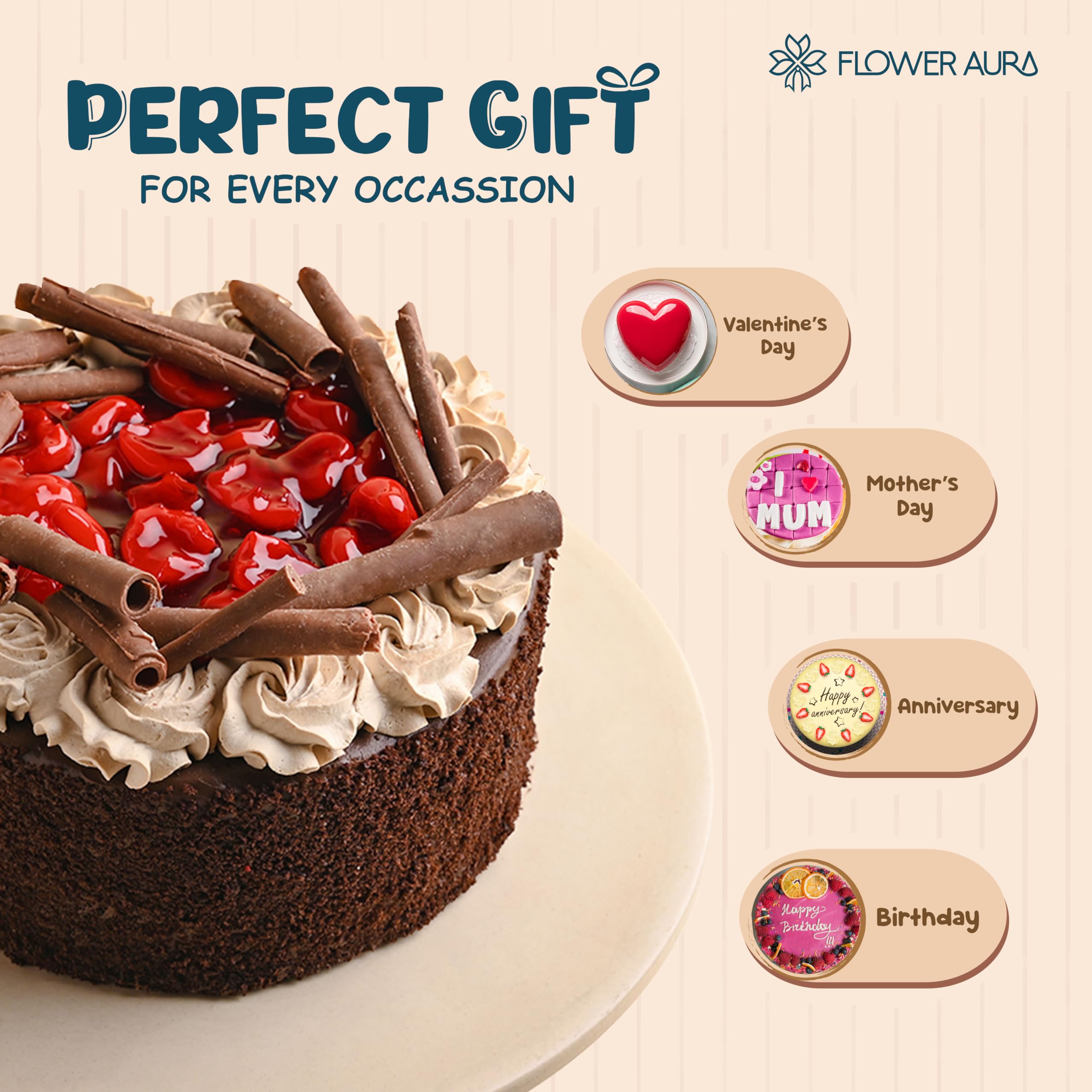 FlowerAura Delectable Cherry Black Forest Treat Delicious Cake Gift's For Birthday, Anniversery, Valentine's Day, Mother's Day, Party (0.5kg) (Same Day Delivery) 2