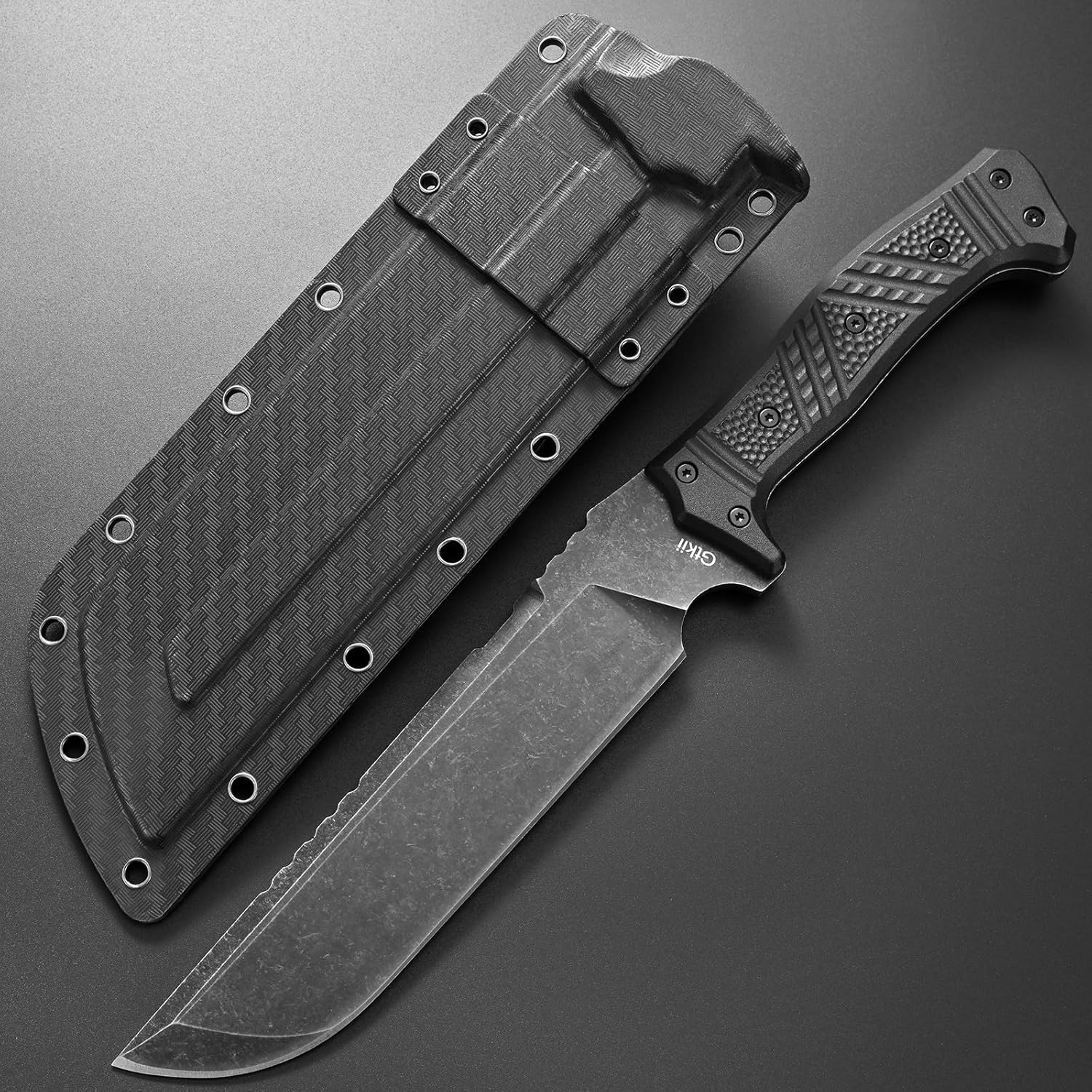 Gtkii GTK32 Fixed Blade Knife DC53 Steel Blade Full Tang Nylon Fiberglass Handle Heavy Duty Knifes for Field Hunting Camping Bushcraft(Black)