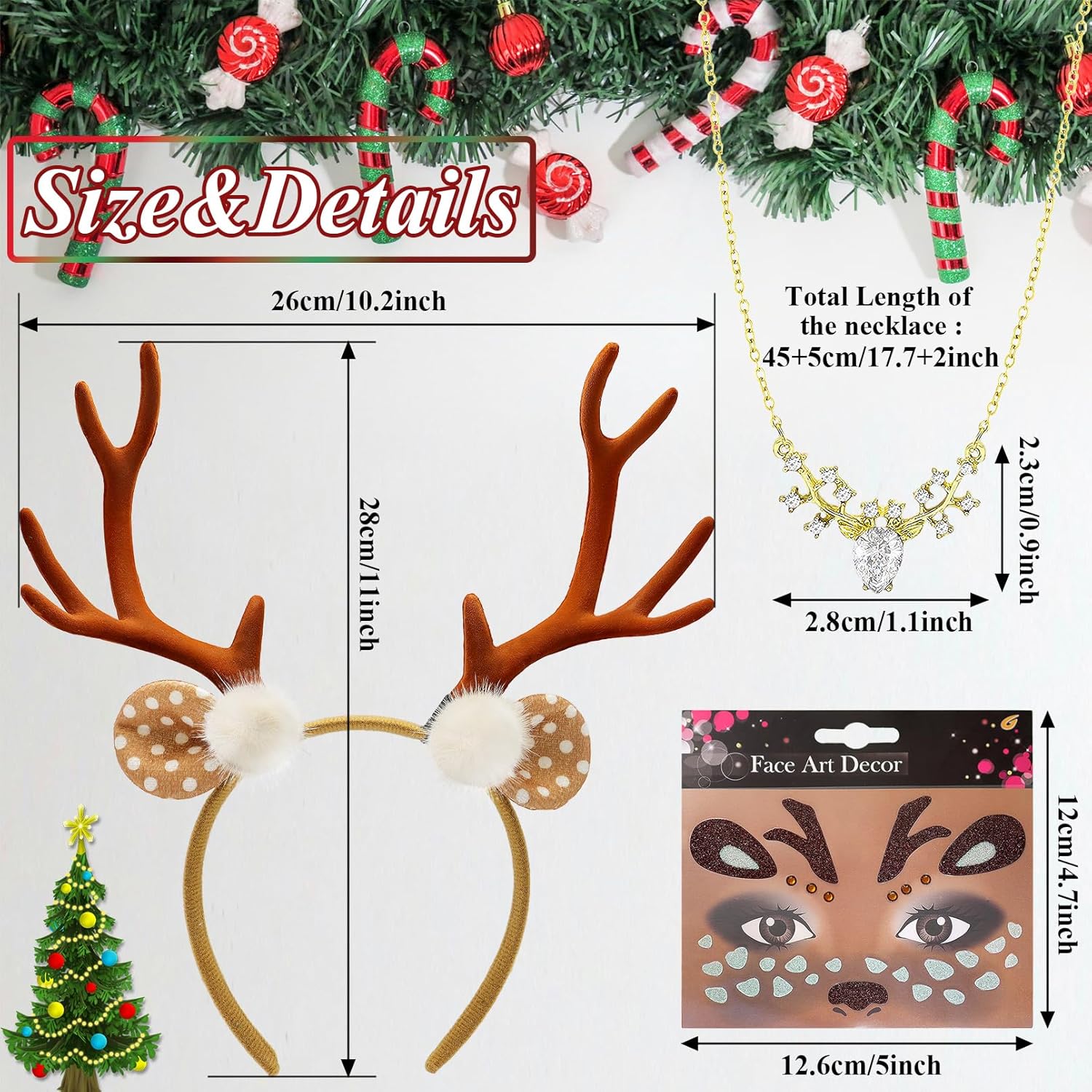 RechicGu 3 Women Halloween Christmas Reindeer Deer Ears Headband Costume Accessories Antlers Horn Necklace Face Sticker Set - Image 8