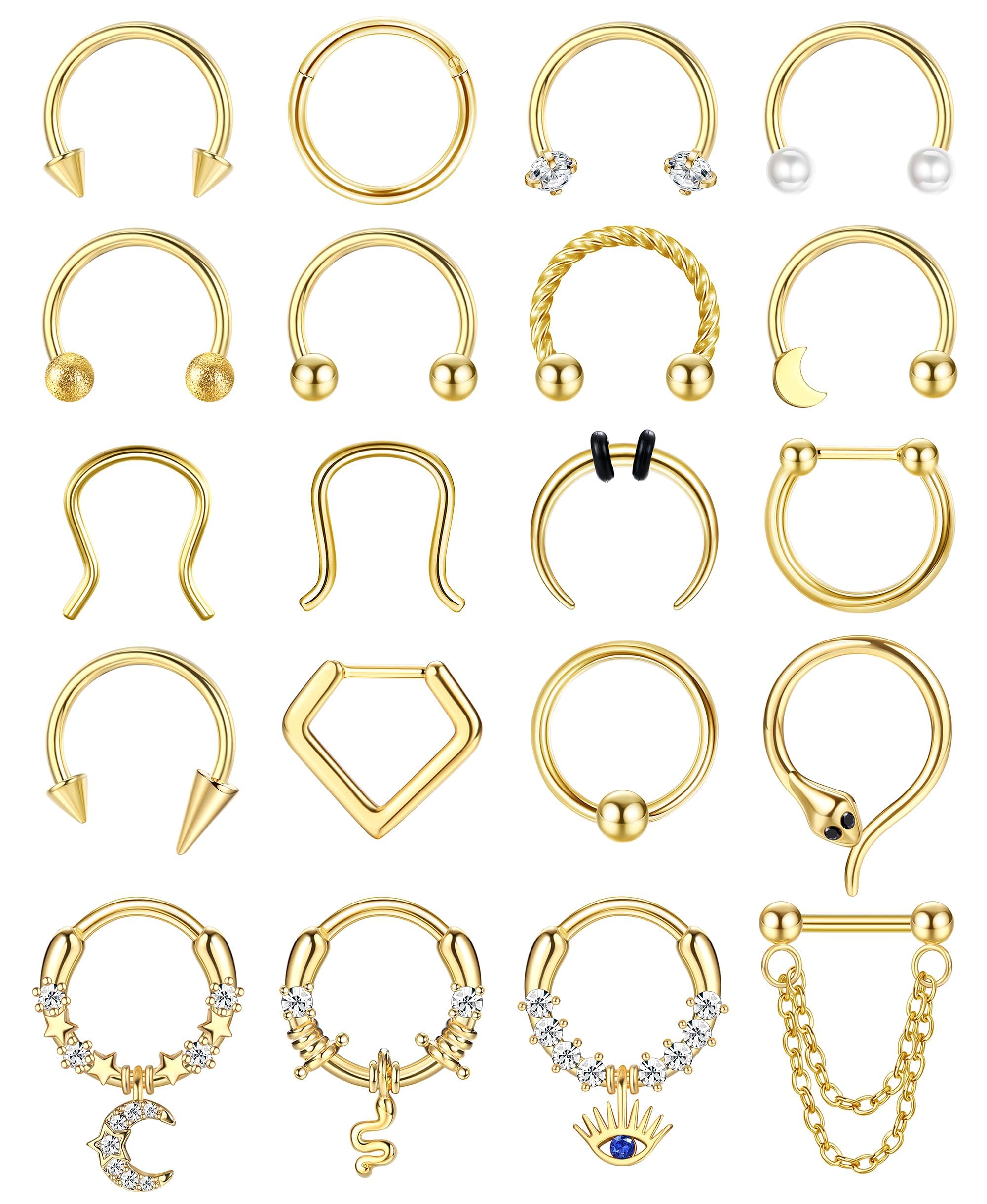 FIOROYAL 20 Piezas 16G Piercing Septum Acero Quirurgico Piercing Nariz Aro para Mujer Niña Hombres Piercing Nostril Helix Tragus Septum Clicker Dorado Plata Negro Piercing Joyería 10MM