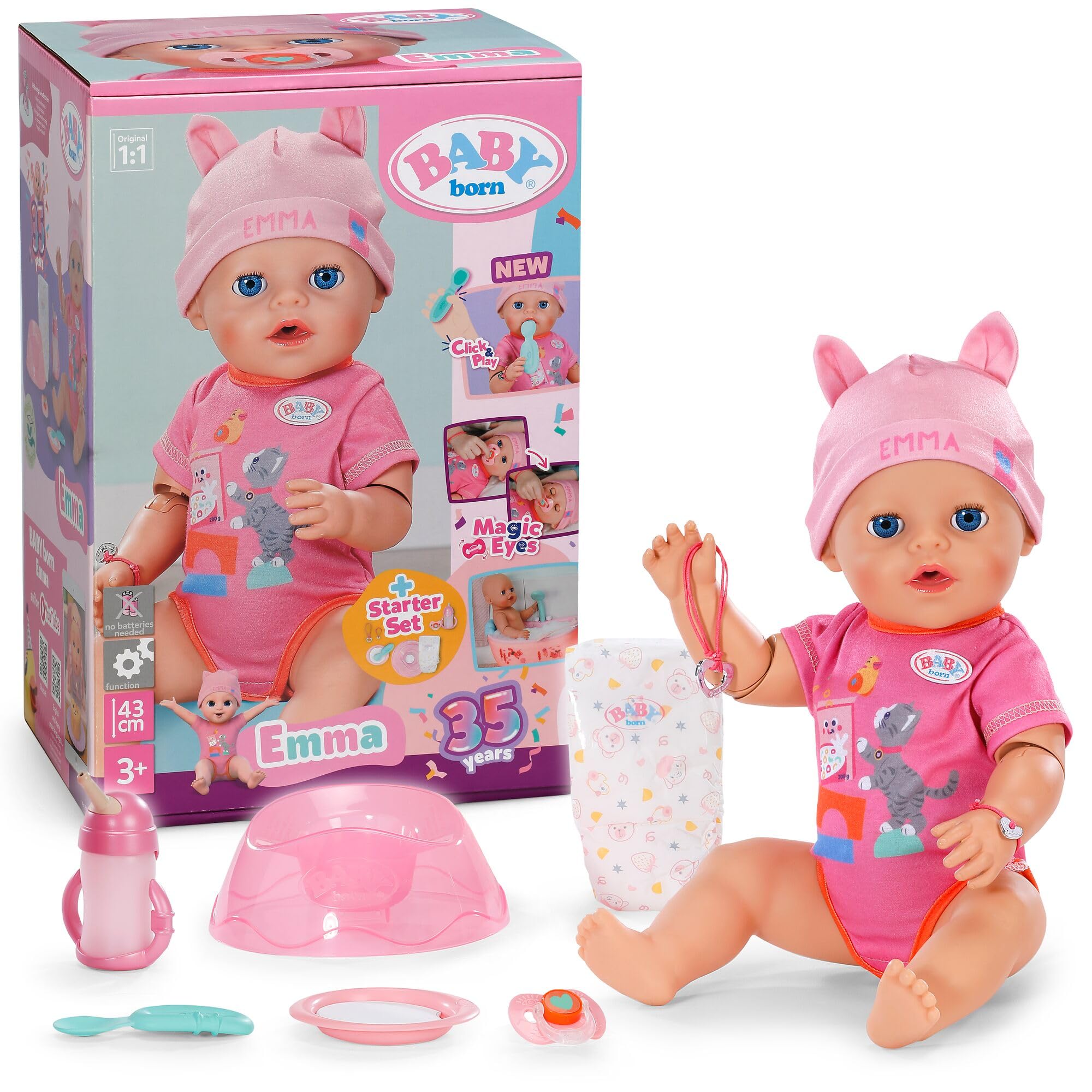 BABY Born Emma 43 cm Babypuppe mit Click & Play, 10 Funktionen | 8 Accessoires inklusive, funktioniert ohne Batterien, bewegliche Arme, ab 3 Jahren