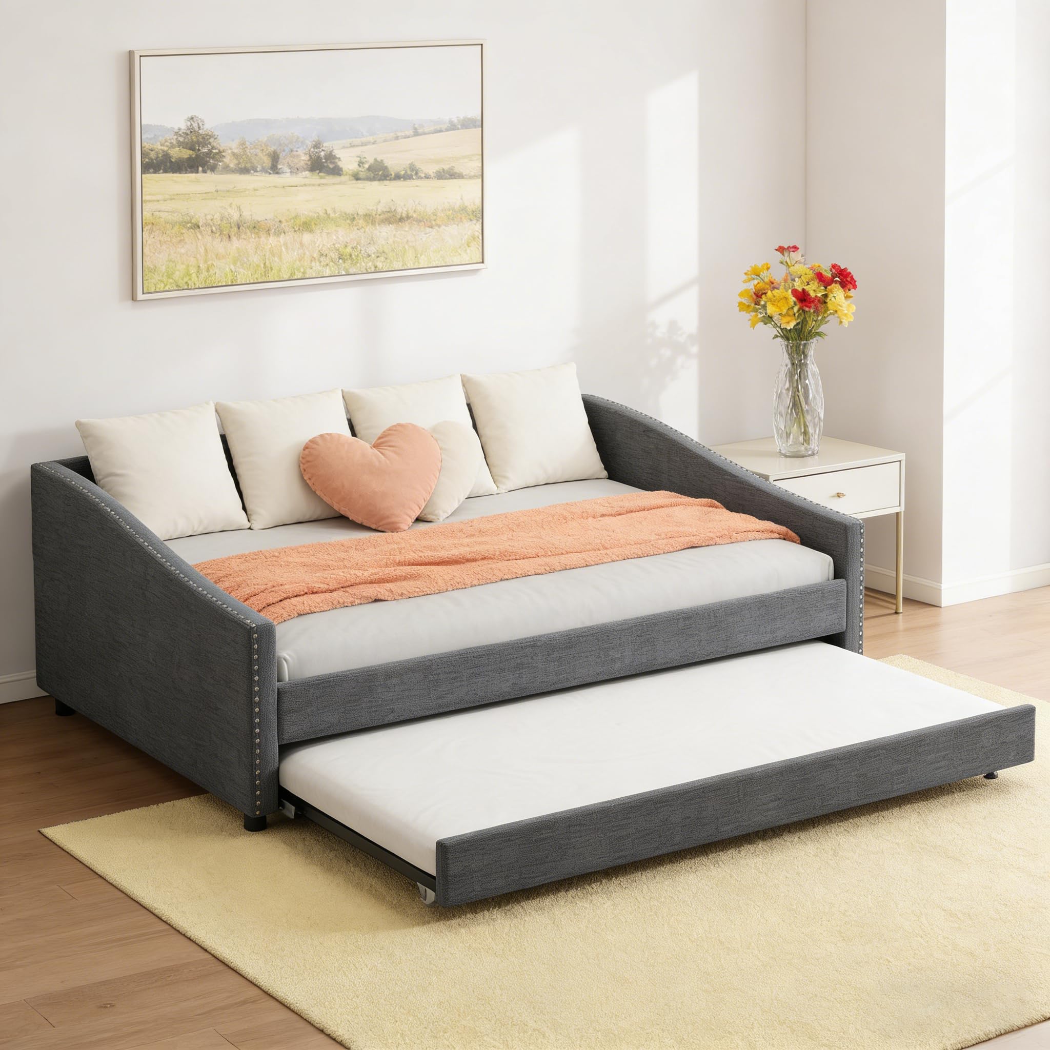 Upholstered Daybed with Trundle, Full Size Day Bed w/Button-Tufted Back and Piping on Waved-Shape Arms for Bedroom or Guest Room, No Box Spring Required, Dark Gray