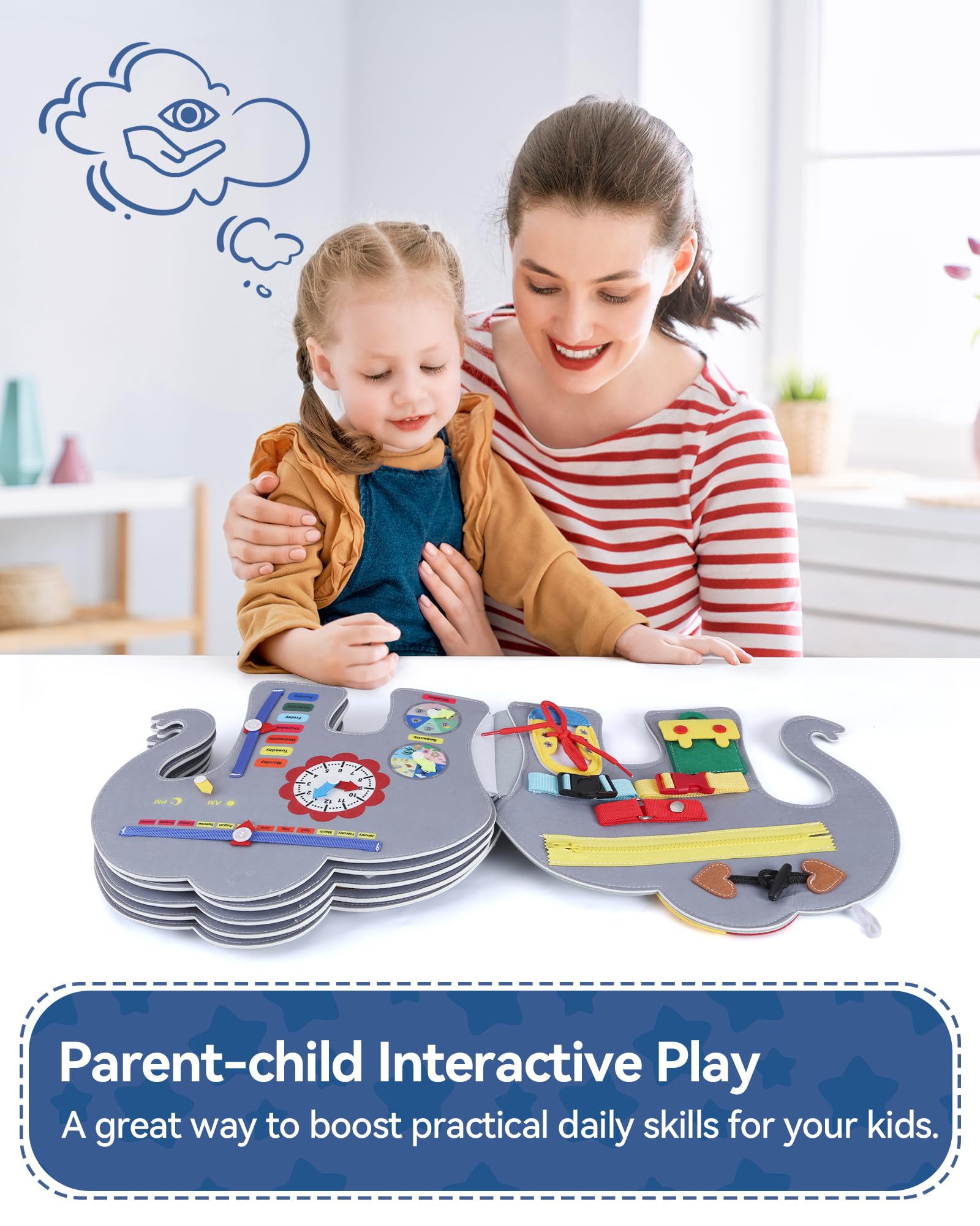 Heypappy Busy Board,12 in 1 Montessori Busy Board Feltro,Montessori Didattici Libro Sensoriale Educativo, Giocattolo per Abilità Motorie con Cintura Zaino Regalo Bambino Compleanno Natale