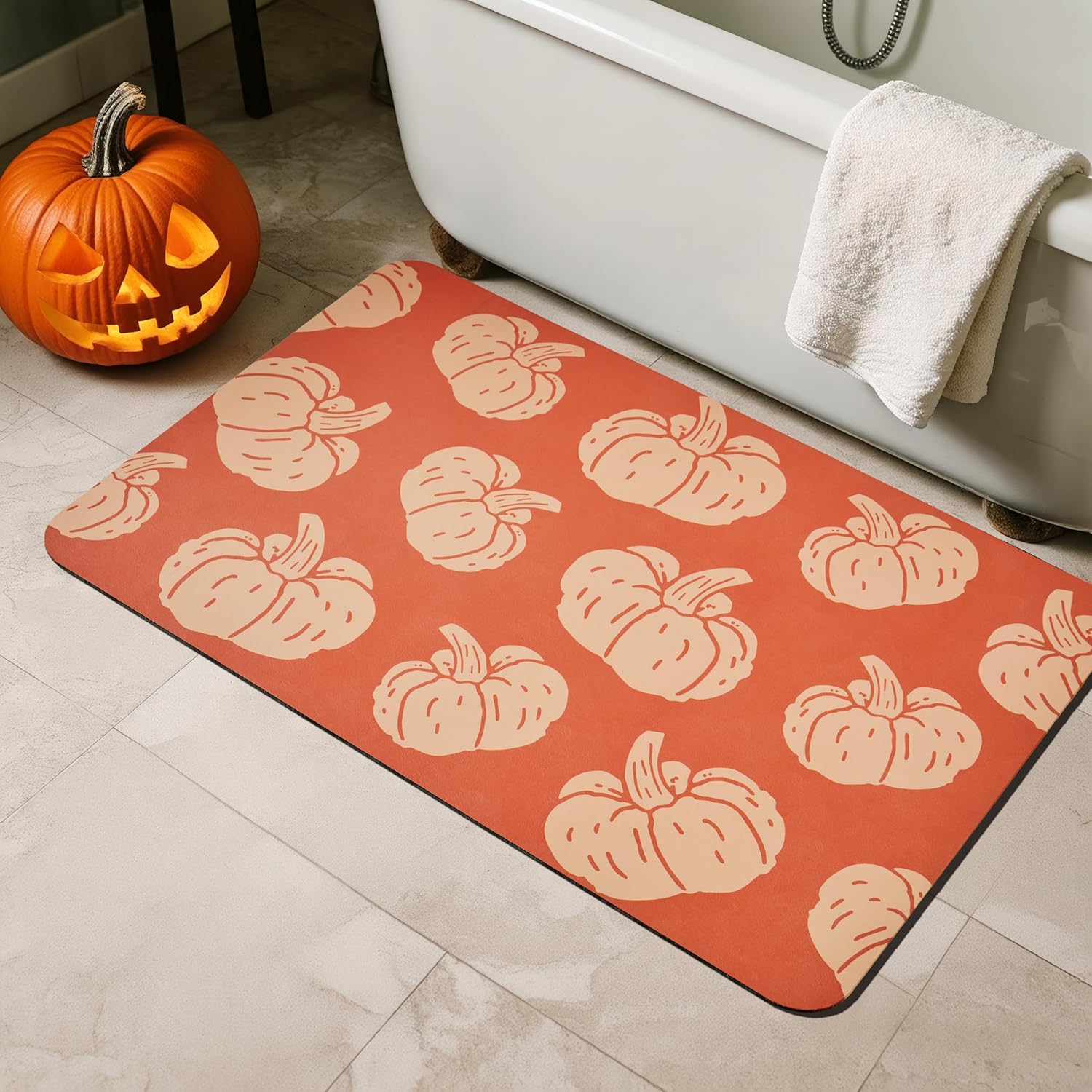 Halloween Bath Mat, Thin Halloween Bathroom Rug Non-Slip Quick Dry Pumpkin Bath Mat Fits Under Door Thin Floor Mat Fall Halloween Decor, 17’’x30‘’, Pumpkins Orange Pumpkins 2' x 3' (Rectangular)