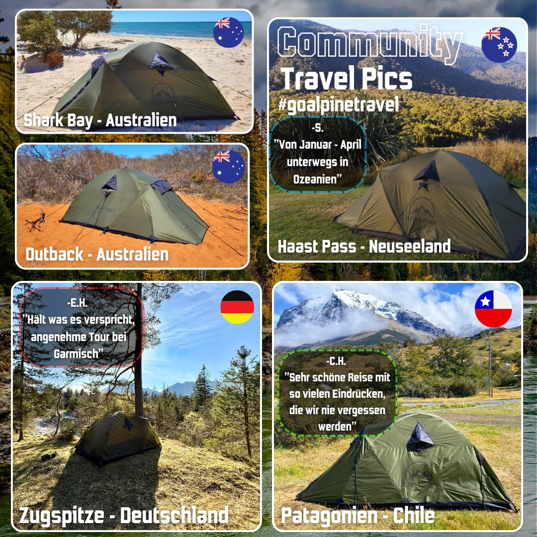 GOALPINE® Zelte für 1 & 2 große Personen | wasserdicht 4000mm | kleines Packmaß | zum Wandern, Bergtouren & Bikepacking | Ultraleicht | 3-4 Jahreszeiten | schneller aufbau