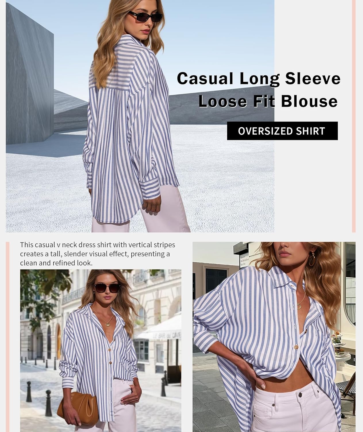 Deer Lady Womens Striped Button Down Shirts Long Sleeve Oversized Loose Fit Casual Work Blouse Tops with Pocket - Image 3