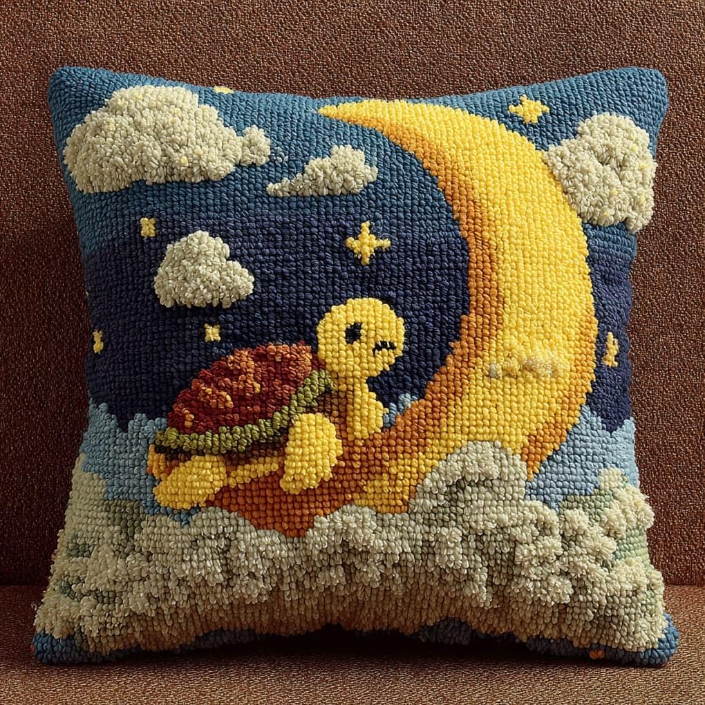 Henypt 43x43cm Latch Hook Pillow Craft Kit,The Little Turtle on the Moon Beginner Friendly DIY Crochet Cushion,Perfect for Living Room Sofa & Christmas Gifting