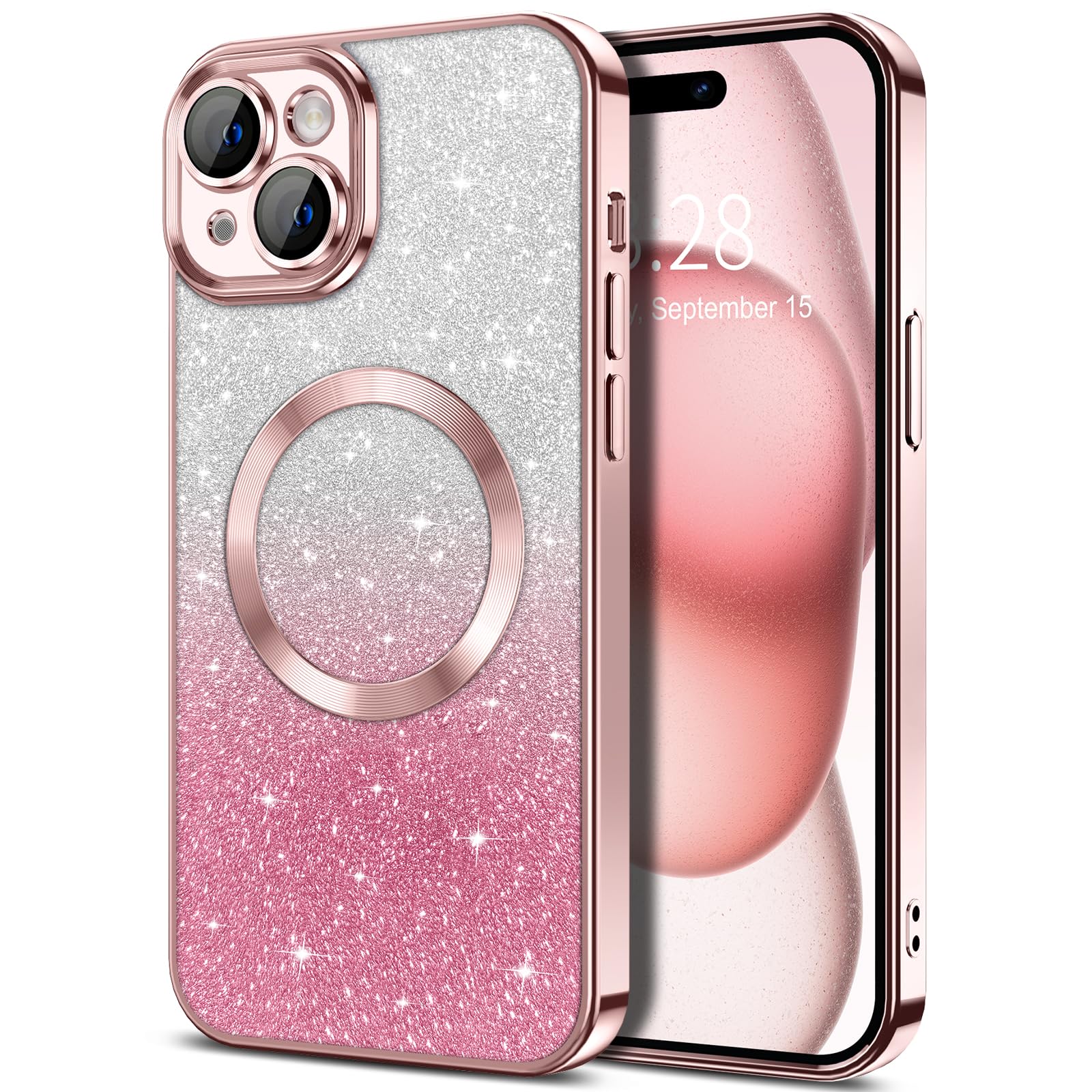 Hython for iPhone 15 Case Clear Magnetic Glitter Phone Cases [Compatible with MagSafe] Full Camera Lens Protector Slim Gradient Sparkle Luxury Plating