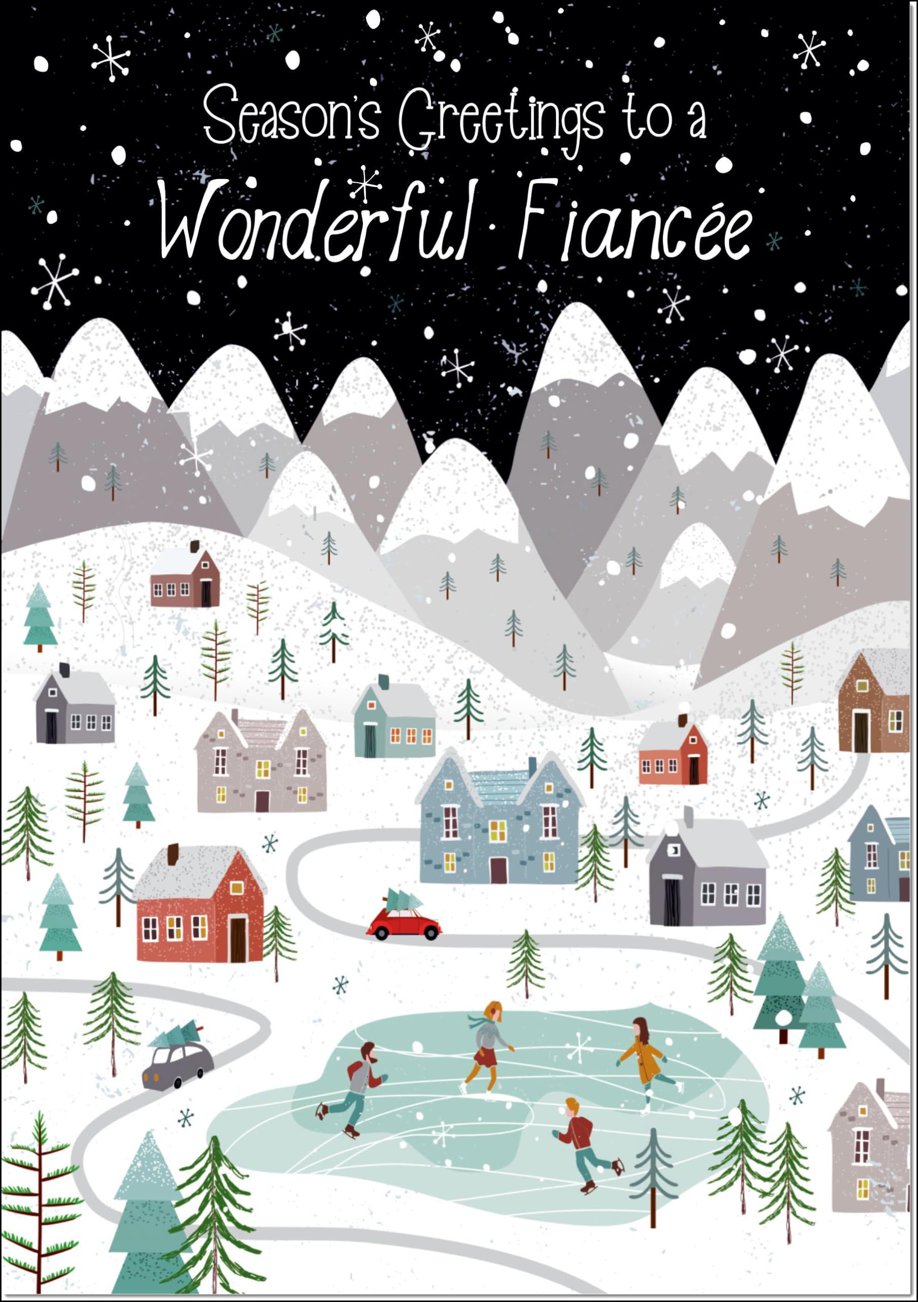 doodlecards Fiancee Christmas Card Mountain Scene In Snowy Village Large A4 Size Christmas Card for Fiancee with Plain Envelope