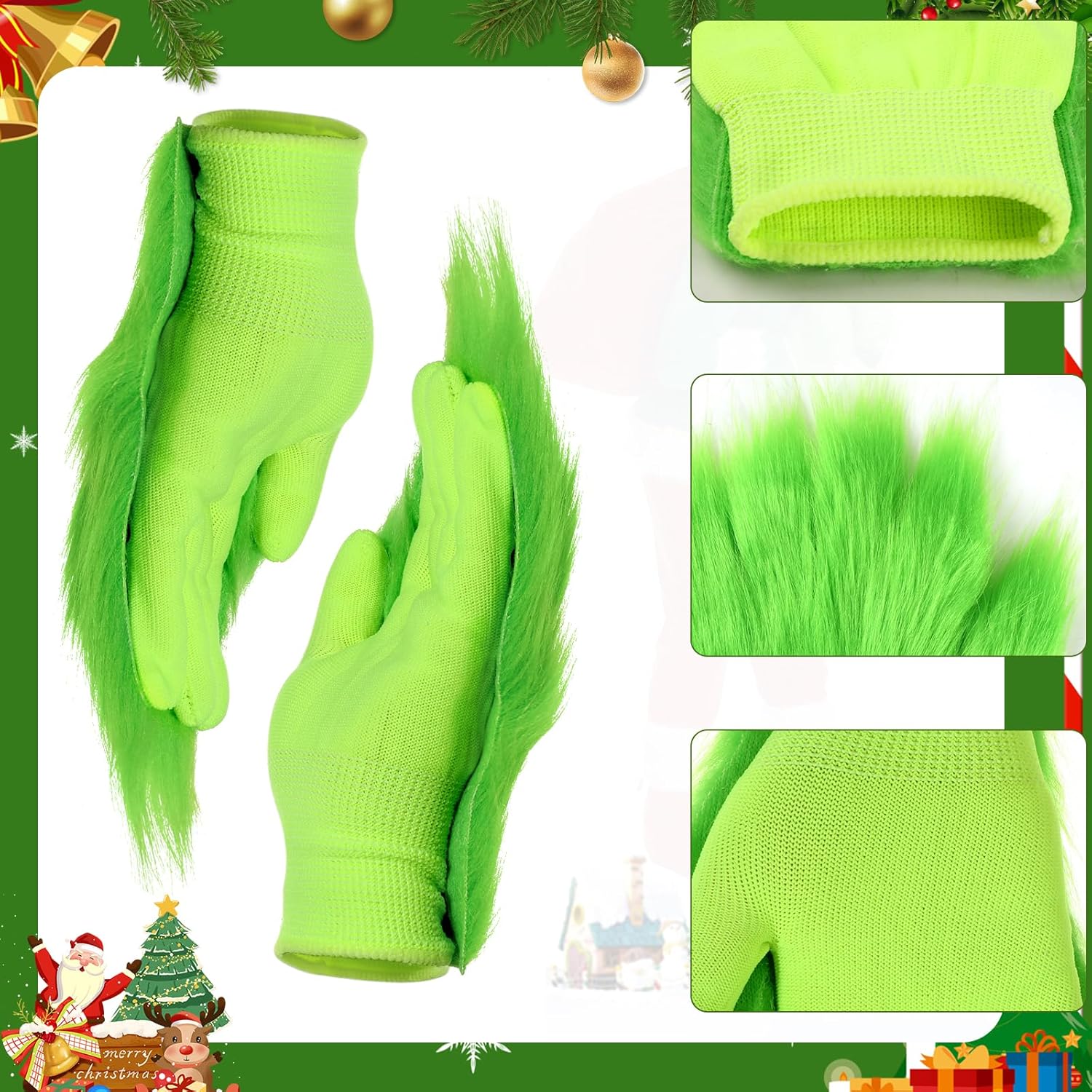 Christmas Big Monster Santa Costume for Women, Green Fuzzy Leg Warmers Gloves Furry Hair Bow for Christmas Halloween Adult - Image 4