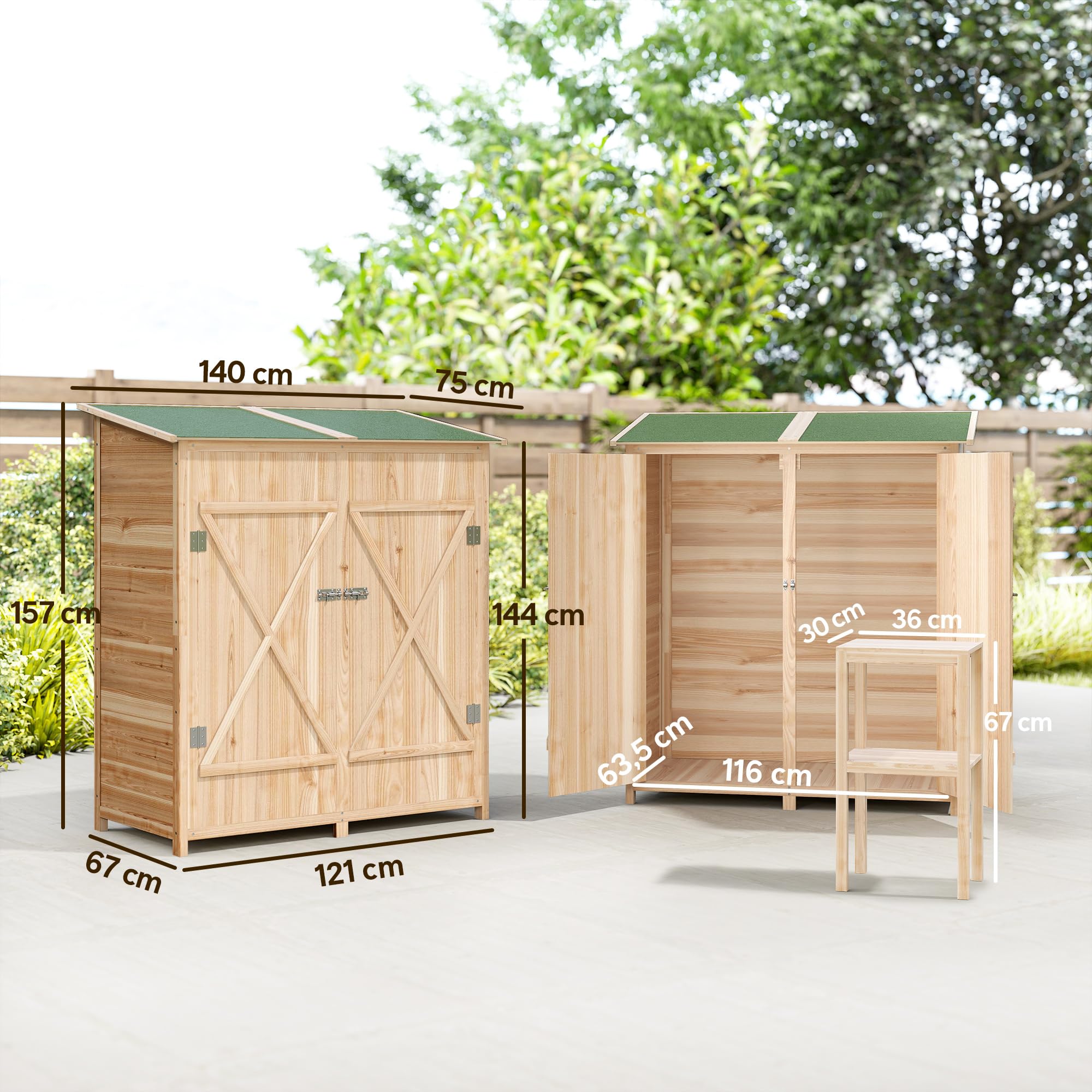 Outsunny Armoire de Jardin Cabane à Outils 2 Portes verrouillables Toit en Bitume imperméable Bois de Sapin 140x75x157 cm