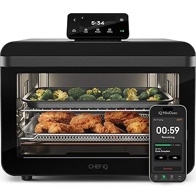 CHEF iQ MiniOven Smart Toaster Oven Air Fryer Combo, 11-in-1 Countertop Convection Oven, Bake, Broil, Air Fry, Broil, Dehydrate, 1750W, 25 Qt Capacity, Fast Cooking with Touchscreen Controls – Black