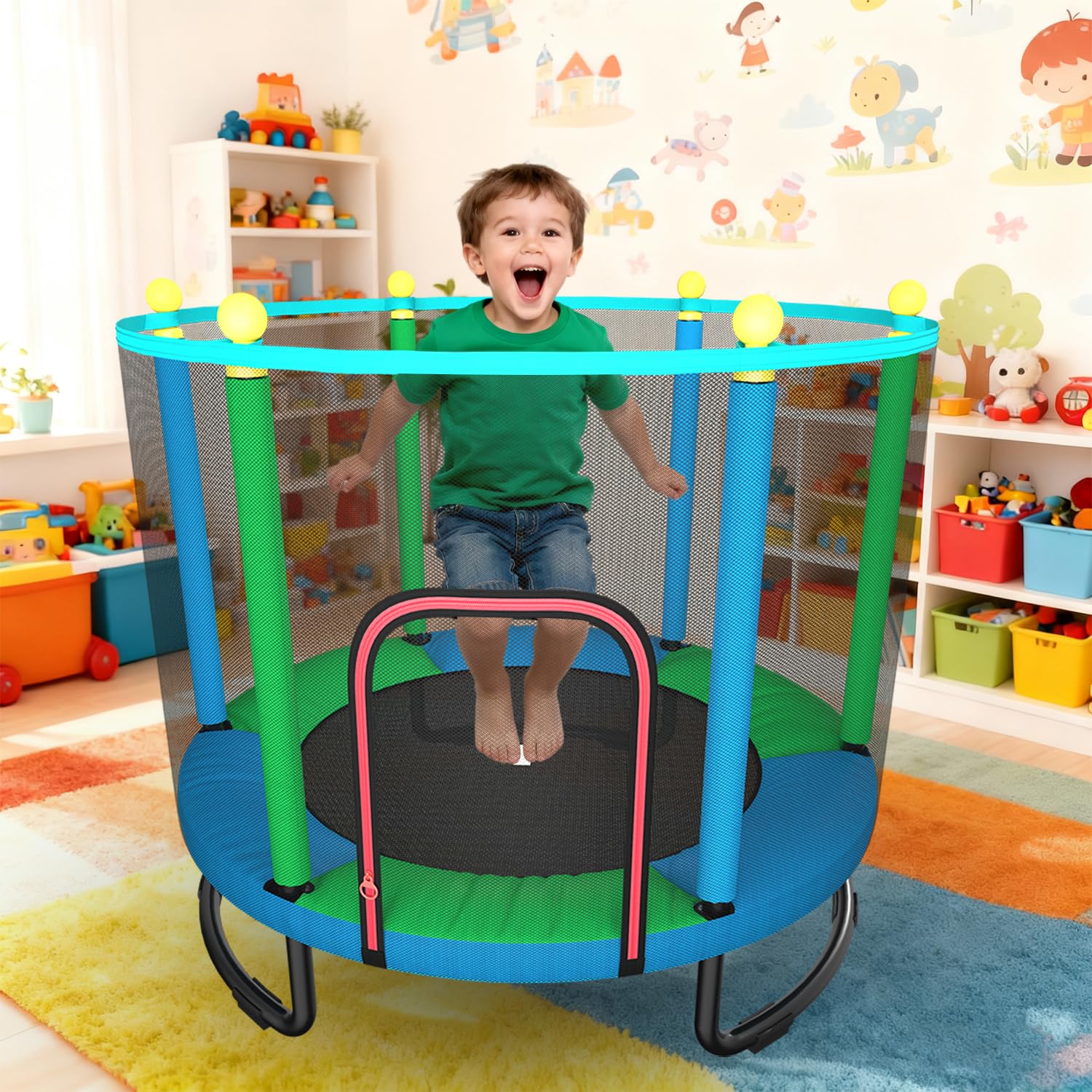 Trampoline pour Enfants 150 cm intérieur/extérieur – avec Filet de sécurité, Panier de Basket et Accessoires de Jeu. Cadeau d'anniversaire et de Noël pour garçons et Filles