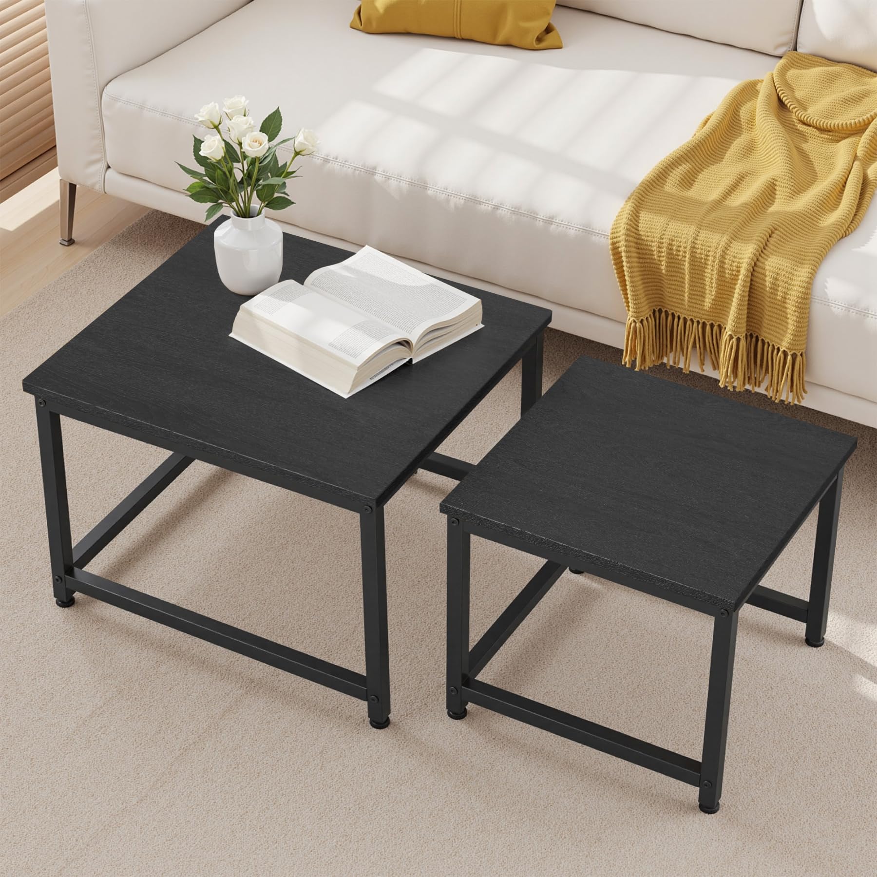 Hawthyhome Square Coffee Tables, Nesting Coffee Table Set of 2, Modern Side Tables with Metal Frame, Industrial Stacking End Tables for Living Room Bedroom Office, 60 * 60 * 45cm, Black — image 1
