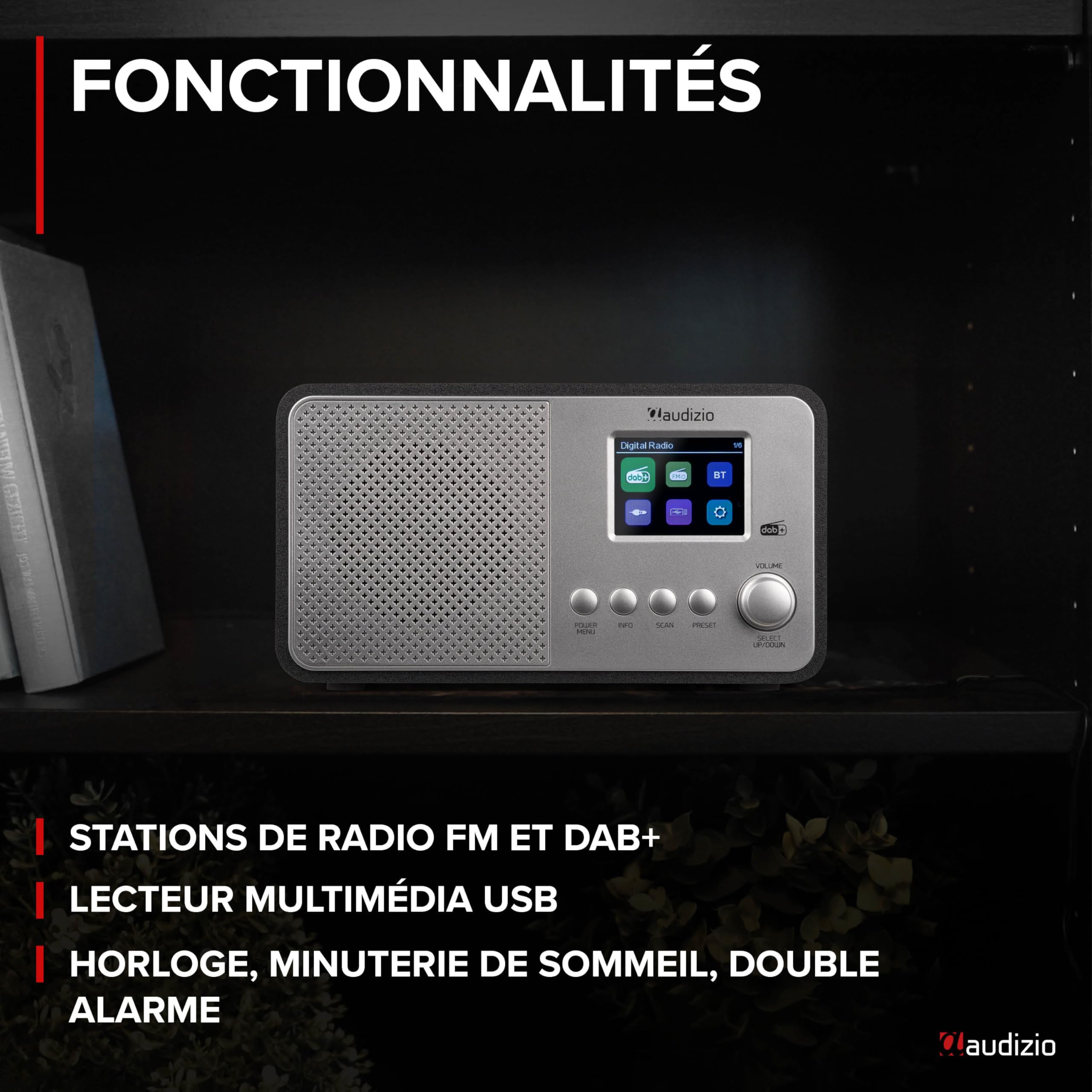 Audizio Avio Radio Dab+ Bluetooth 5.0 - Aluminium, 20 Stations Enregistrables, Écran Couleur 2,4", Haut-Parleur Intégré, Port USB, Idéale pour Écouter la Radio à la Maison