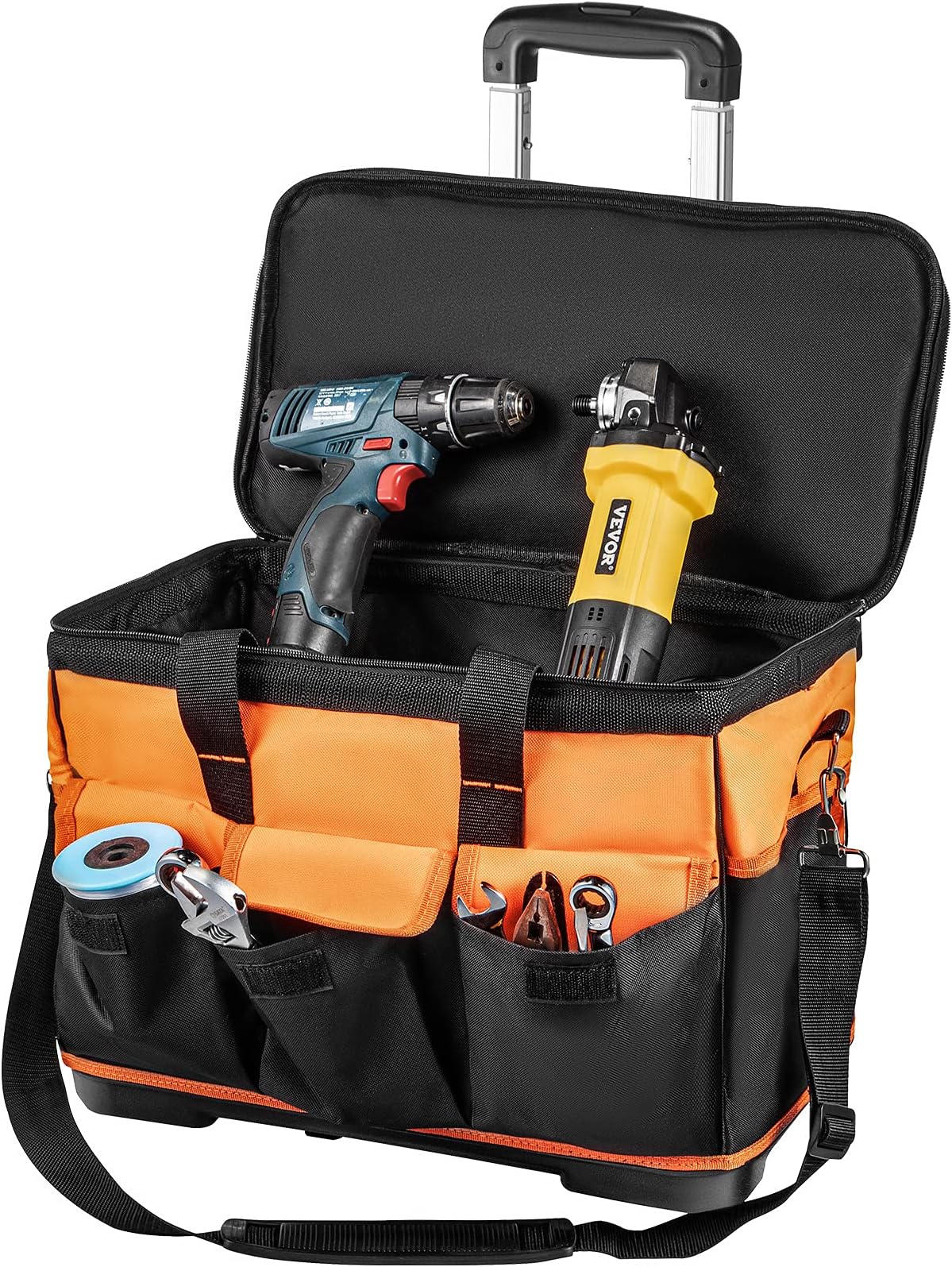 VEVOR Rolling Tool Bag, 18in Tool Bag with Wheels, 17 Pockets Roller Tool Bag, 110lb Load Capacity Rolling Tool Bag w/Wheels, Roller Tool Box w/Two 2.56in Wheels, Rolling Tote w/Telescoping Handle