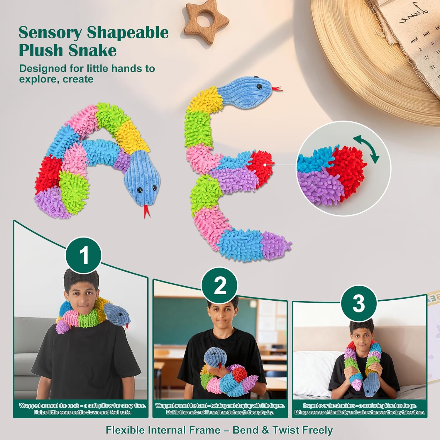 44” Sensory Plush Snake with Bendable Frame – Fidget Toy with Multi-Textured Fabric for Tactile Stimulation & OT Therapy – Ideal for Kids with Sensory Needs (Long-haired)