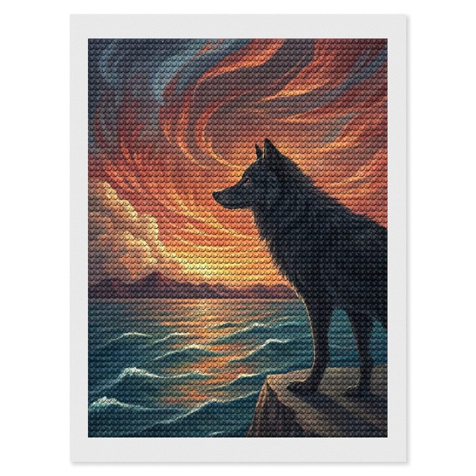 Junmoney Wolf Overlooking A Dramatic Sunset Over The Ocean Diamond Art Canvas 12"x16", Easy Handmade Project, Complete Accessories, Bedroom Decor, Birthday Gift