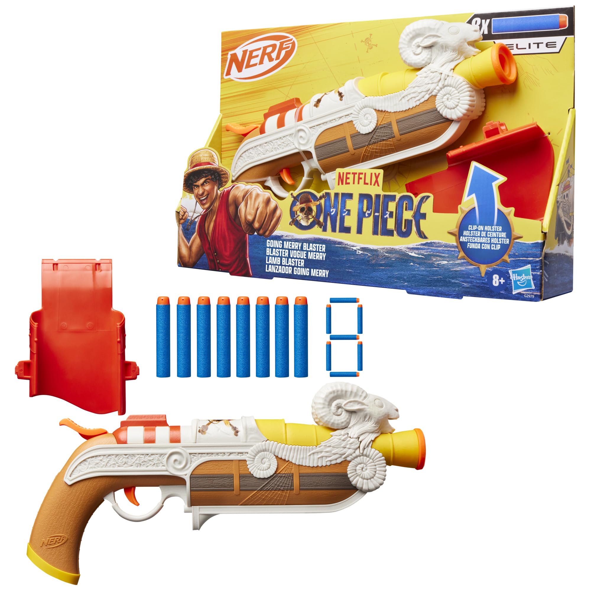 Nerf Netflix One Piece Going Merry Blaster, Clip On Holster, 8 Nerf Elite Darts, Inspired by the Netflix TV Series