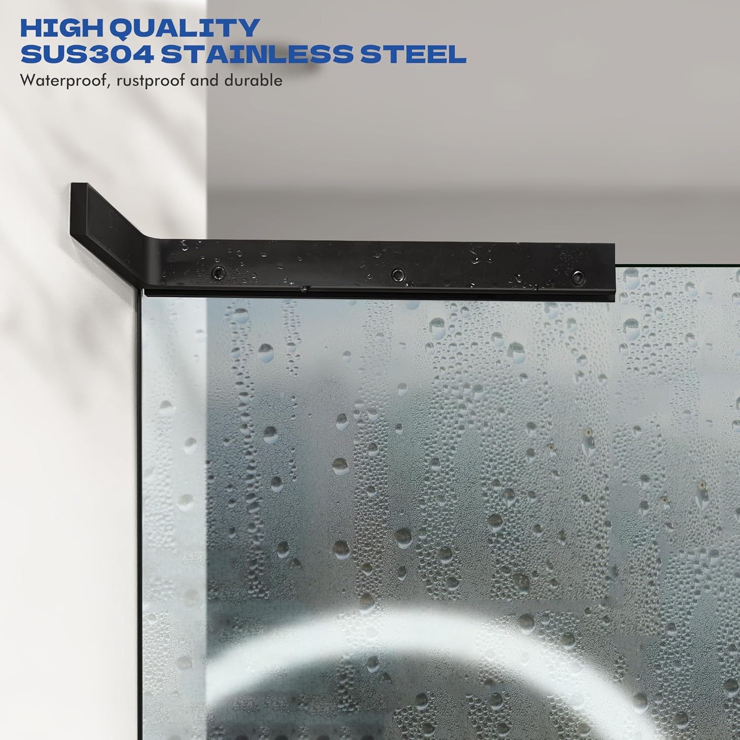Shower Door Support Bracket, Stainless Steel Stabilizer Brace for 1/4"(6mm) 5/19"(8mm) 1/2"(10mm) Framless Shower Glass Door, 9.45 Inch Long, 3.4 Inch Right Bar, Matte Black (Glass on Right)