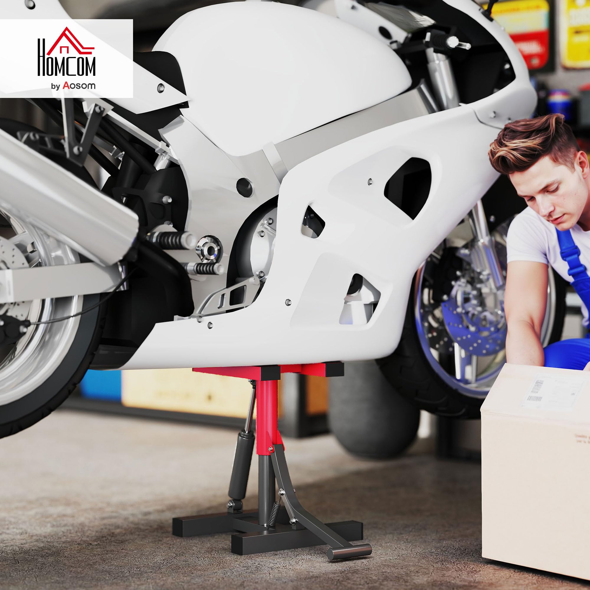 HOMCOM Sollevatore Moto in Acciaio Max 150kg, Cavalletto Alzamoto con Altezza Regolabile 29.5-41 cm e Piattaforma in Gomma Antiscivolo, 33x29x40.5cm, Rosso