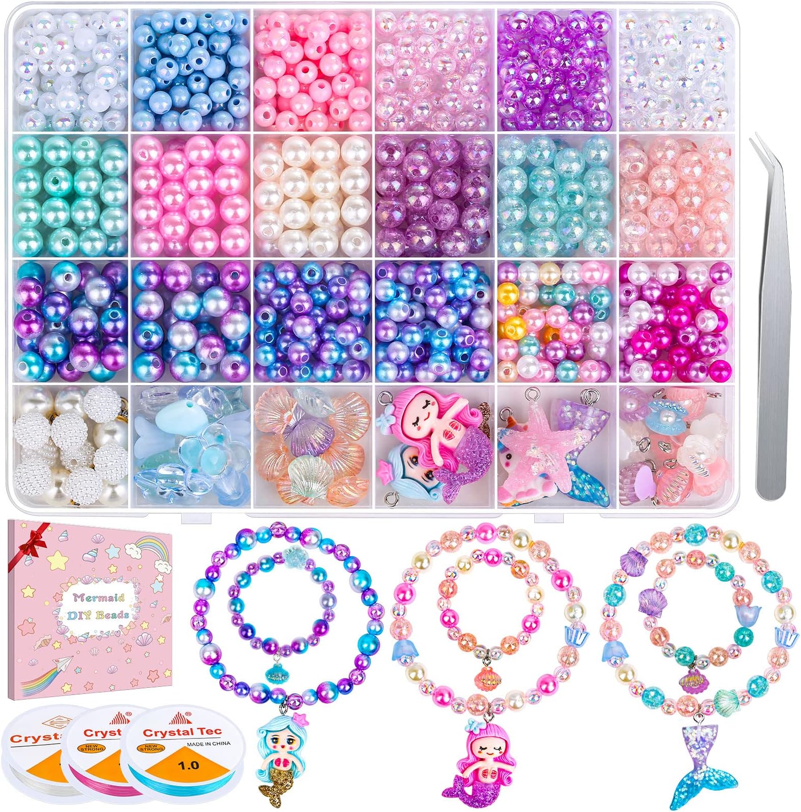 Qinzave 802Pcs Bracelet Making Kit for Girls Mermaid Beads for Jewelry Making Assorted Sizes 6mm 8mm Jewelry Making Kit with Shell Pendants, Mermaid Beads for Bracelet Necklace DIY Craft