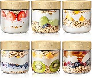 6 Pack 10oz Overnight Oats Containers with Bamboo Lids, Glass Jars with Airtight Lids for Meal Prep, Wide Mouth Mason Sala...