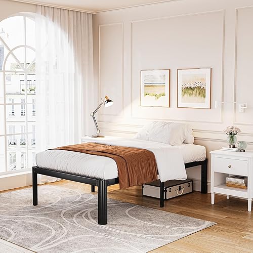 Miniatura 14 de Askeld Base de cama de tamaño matrimonial, plataforma de metal de 18 pulgadas de alto con patas de esquina redonda, no necesita somier, base de cama