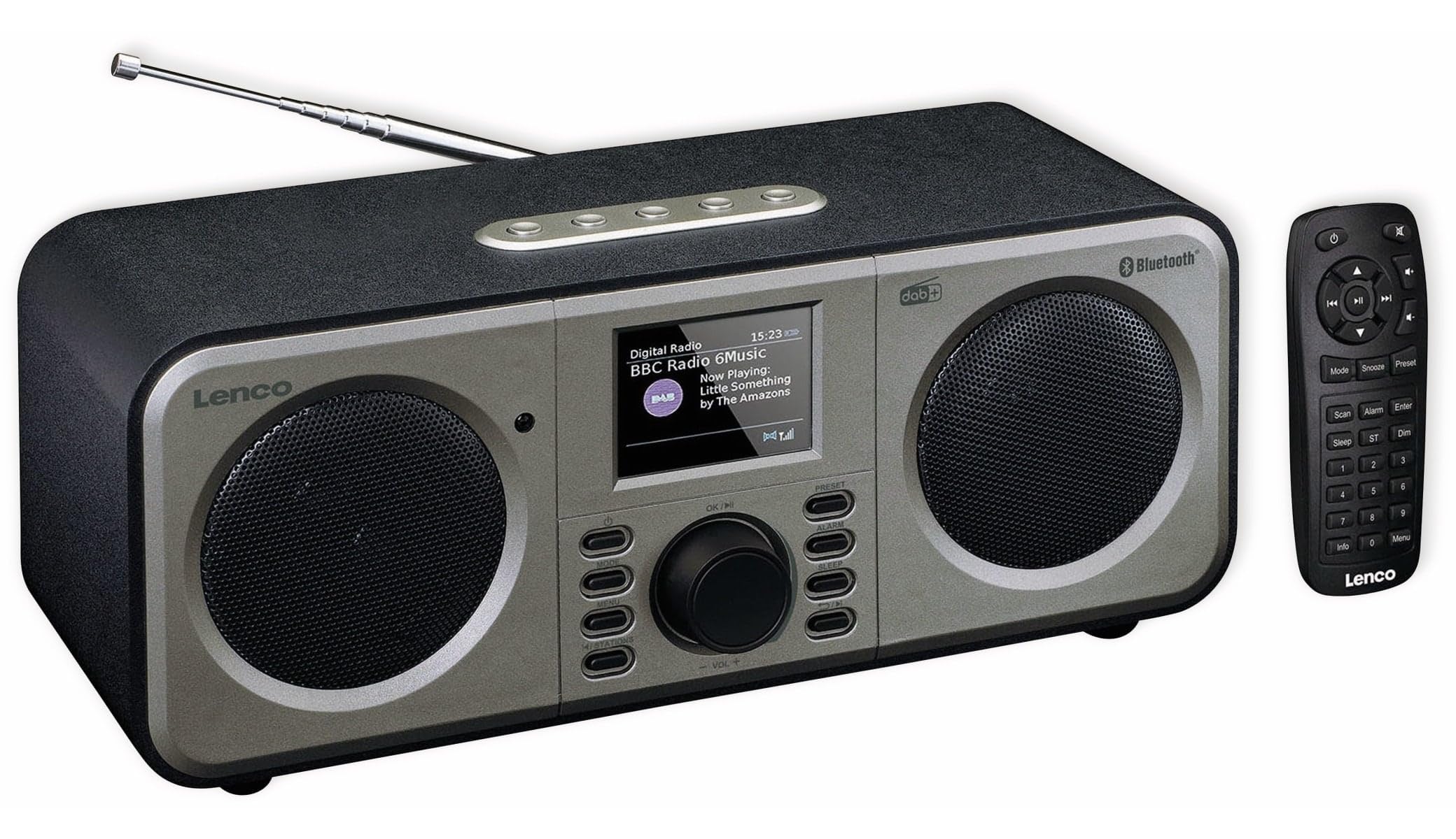Lenco DAR-030 - DAB+ Radio - Bluetooth V.5 - DAB+ und FM Empfänger - 10 Senderspeicher - 2 x 3 Watt RMS - Fernbedienung - Alarmfunktion - Schwarz